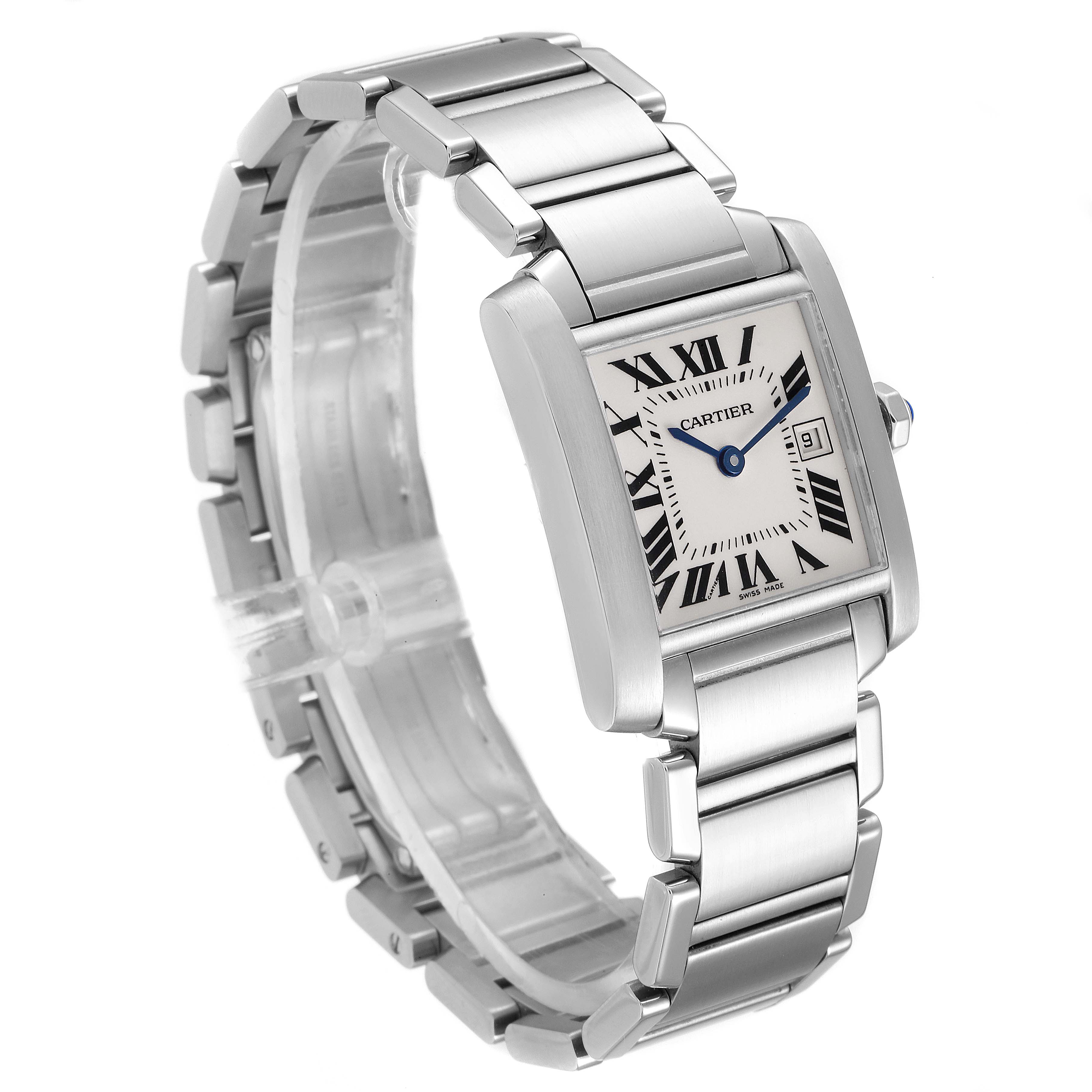 The image shows a Cartier Tank Française watch angled slightly to display the front face, metal bracelet, and side view.