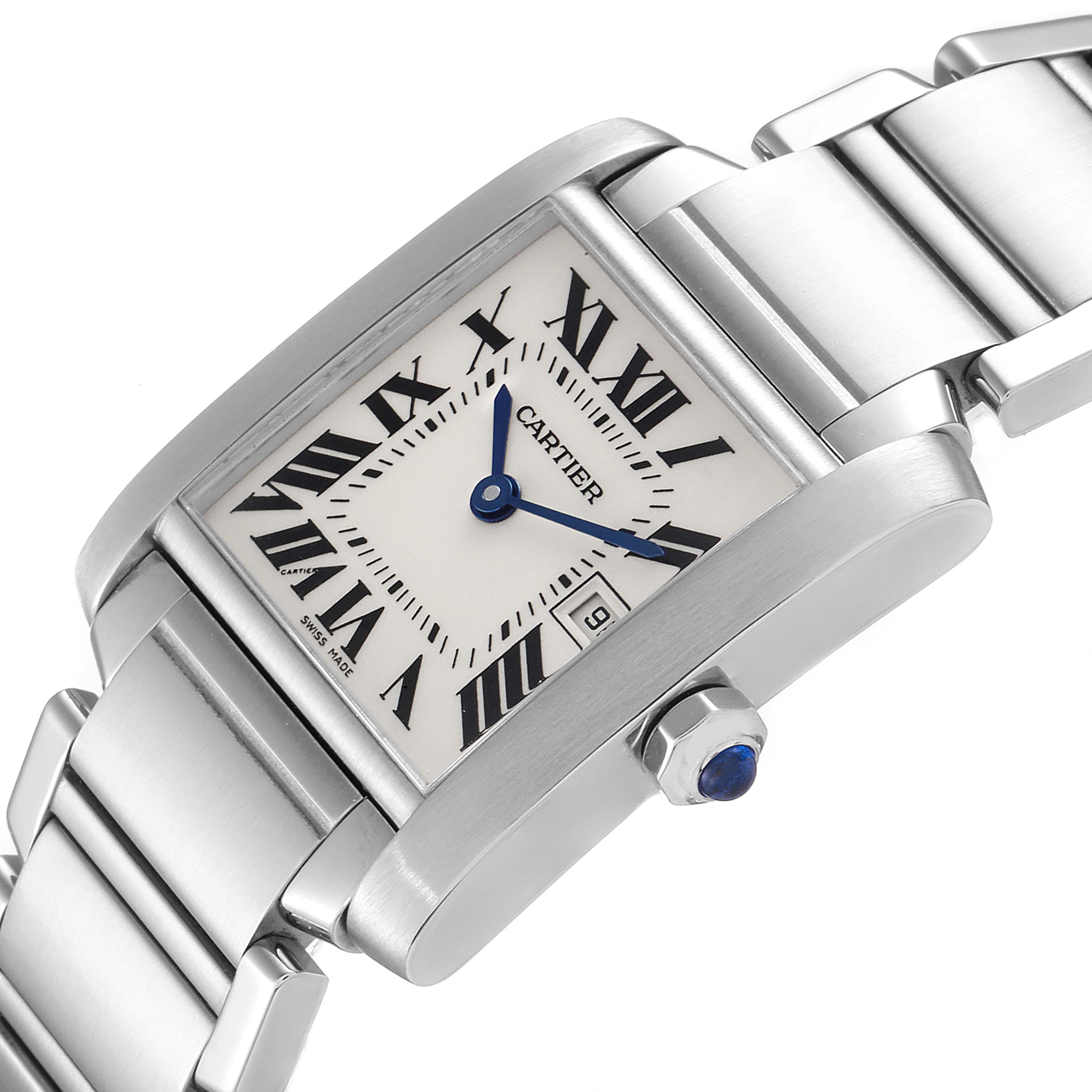 The Cartier Tank Francaise W51011Q3 Women's Stainless Steel Silver Dial W51011Q3 Women's Stainless Steel Silver Dial watch is shown at an angled close-up, highlighting the face, bracelet, and crown.