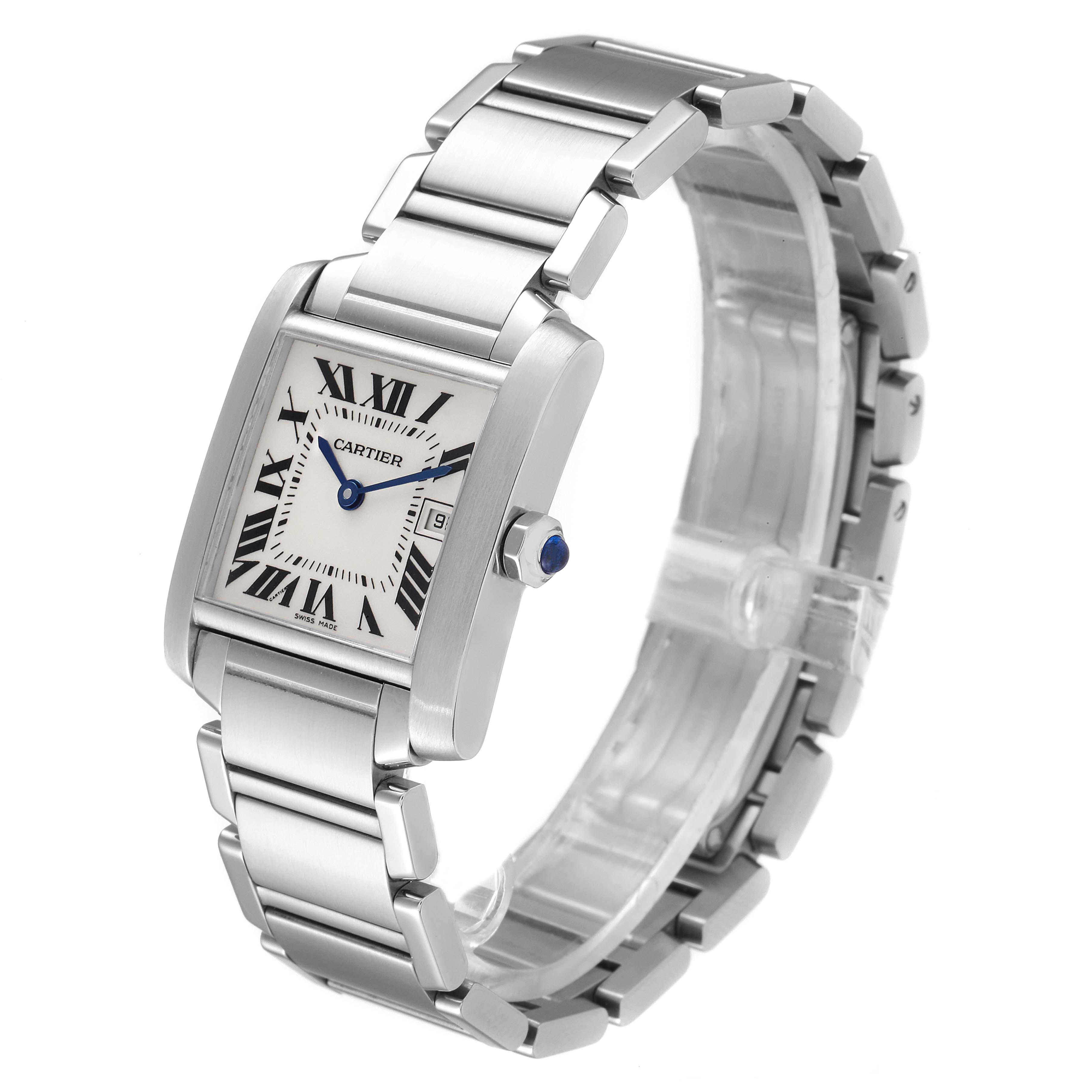The Cartier Tank Francaise W51011Q3 Women's Stainless Steel Silver Dial W51011Q3 Women's Stainless Steel Silver Dial watch is angled to show the face, bracelet, and side crown details.