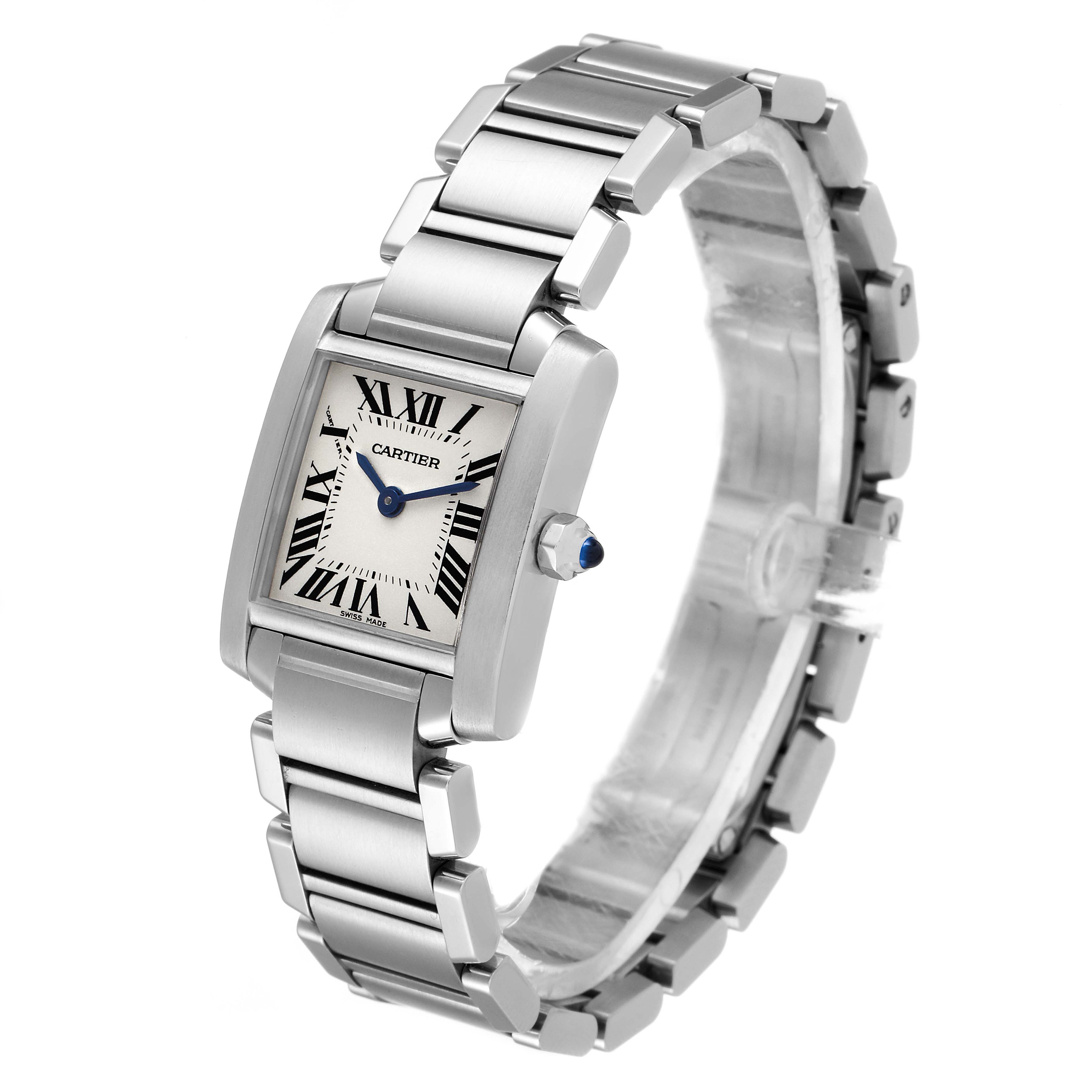 The image shows a side angle view of a Cartier Tank Française watch, displaying its face, bracelet, and crown.