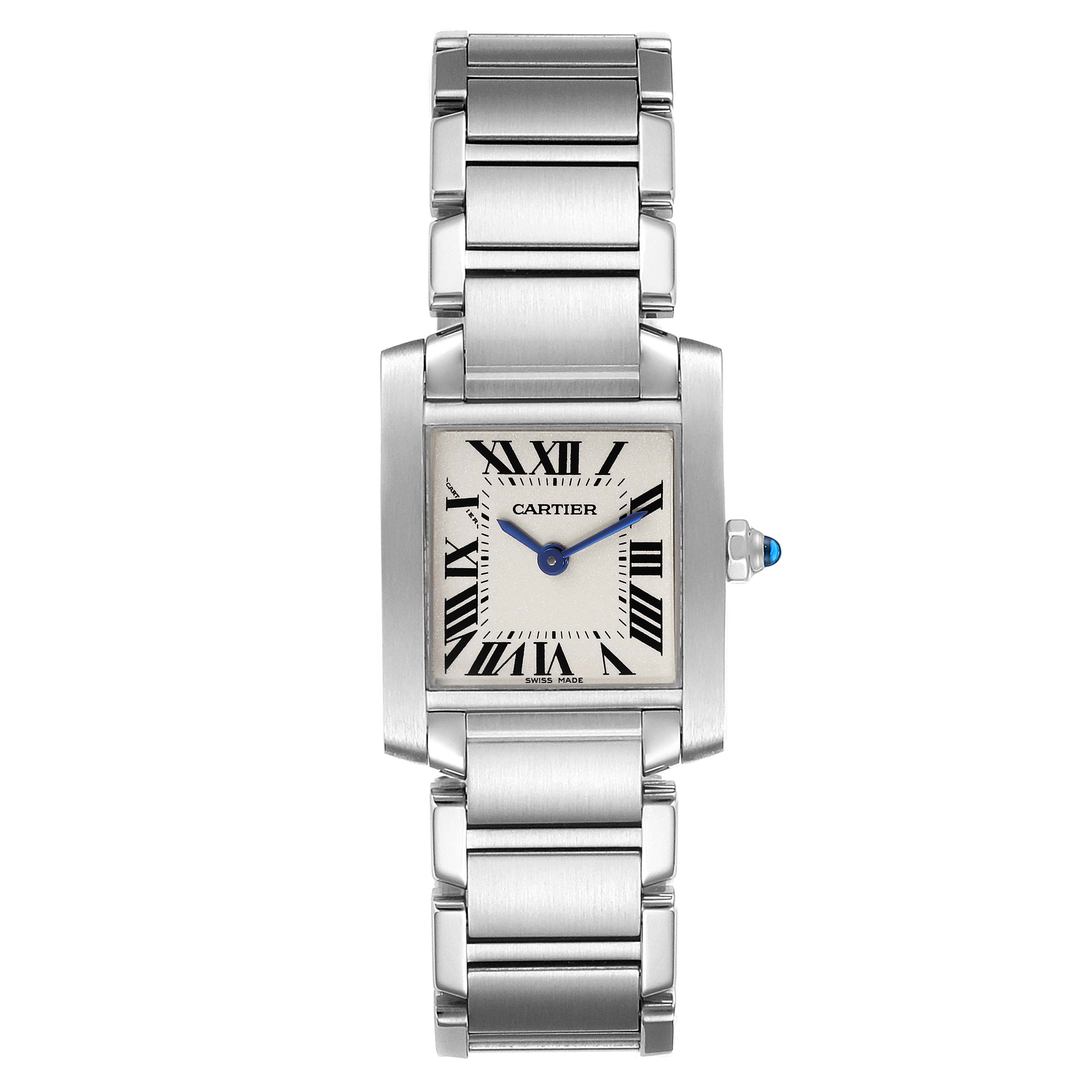 The image shows a front view of the Cartier Tank Francaise W51008Q3 Women's Stainless Steel Silver Dial W51008Q3 Women's Stainless Steel Silver Dial watch with its face, bezel, and bracelet prominently displayed.