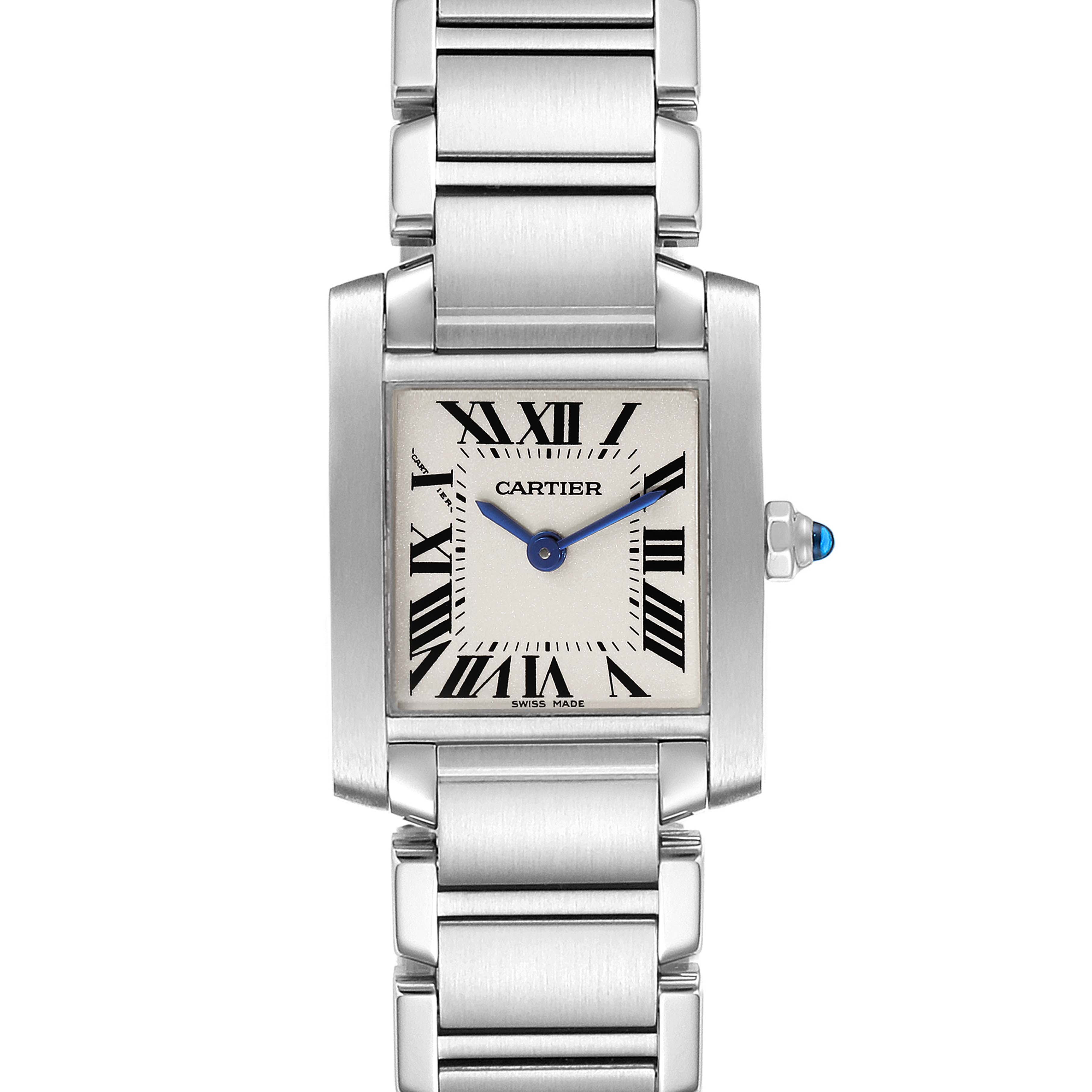 This image shows a frontal view of the Cartier Tank Francaise W51008Q3 Women's Stainless Steel Silver Dial W51008Q3 Women's Stainless Steel Silver Dial watch, highlighting its rectangular face, Roman numerals, blue hands, and stainless steel bracelet.