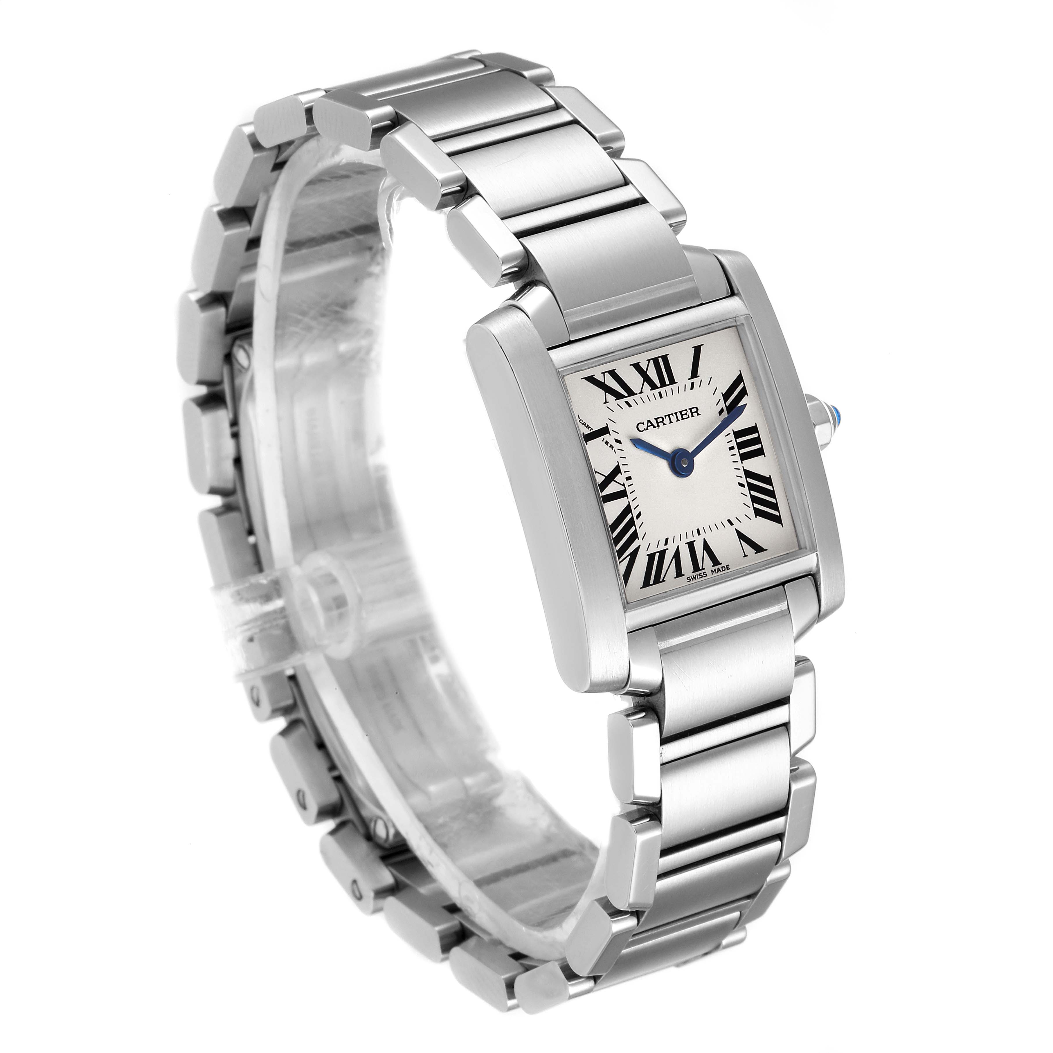 The image shows a Cartier Tank Francaise W51008Q3 Women's Stainless Steel Silver Dial W51008Q3 Women's Stainless Steel Silver Dial watch from a three-quarter view featuring its face, case, and bracelet.