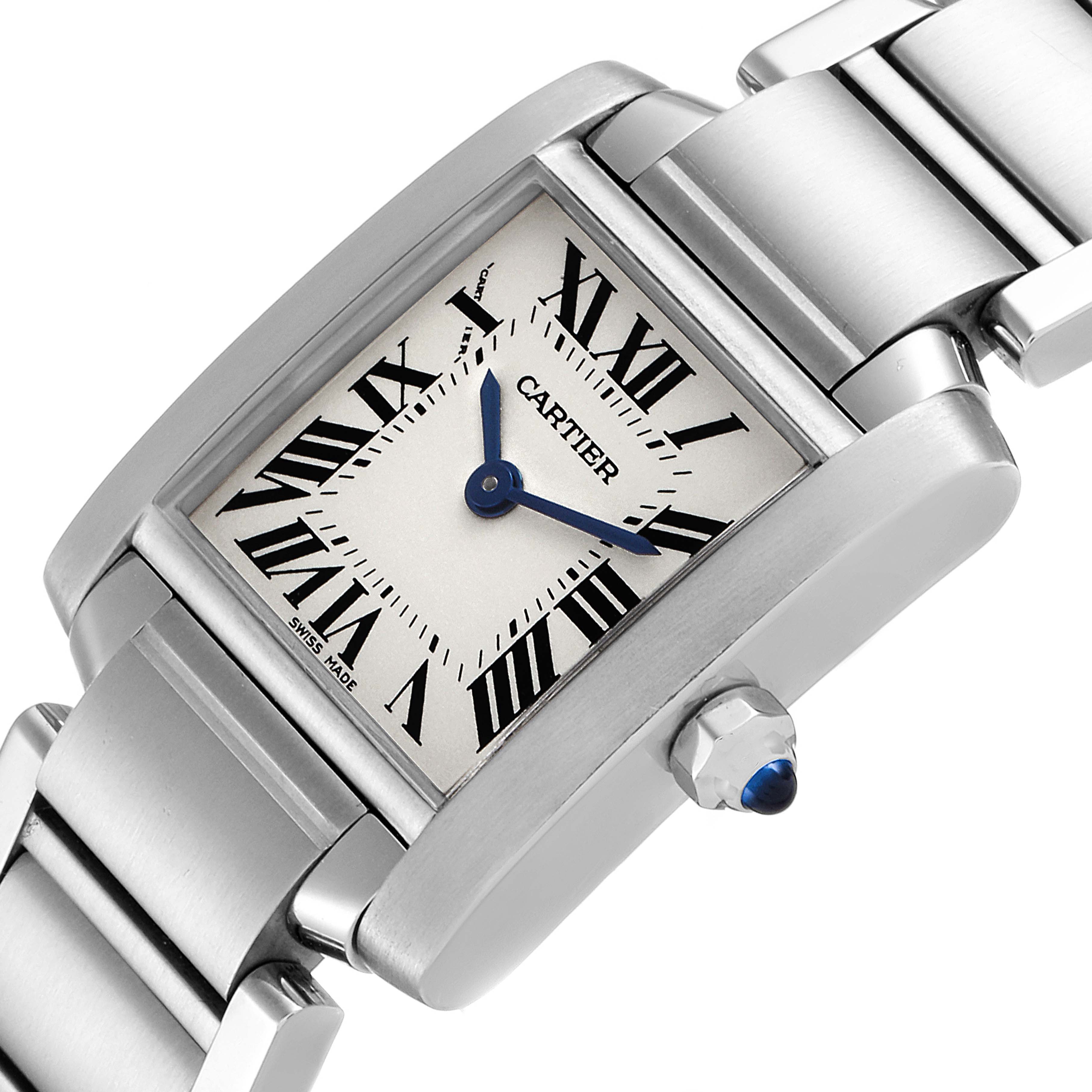The image shows a Cartier Tank Francaise W51008Q3 Women's Stainless Steel Silver Dial W51008Q3 Women's Stainless Steel Silver Dial watch face, crown, and part of the metal bracelet at a tilted angle.