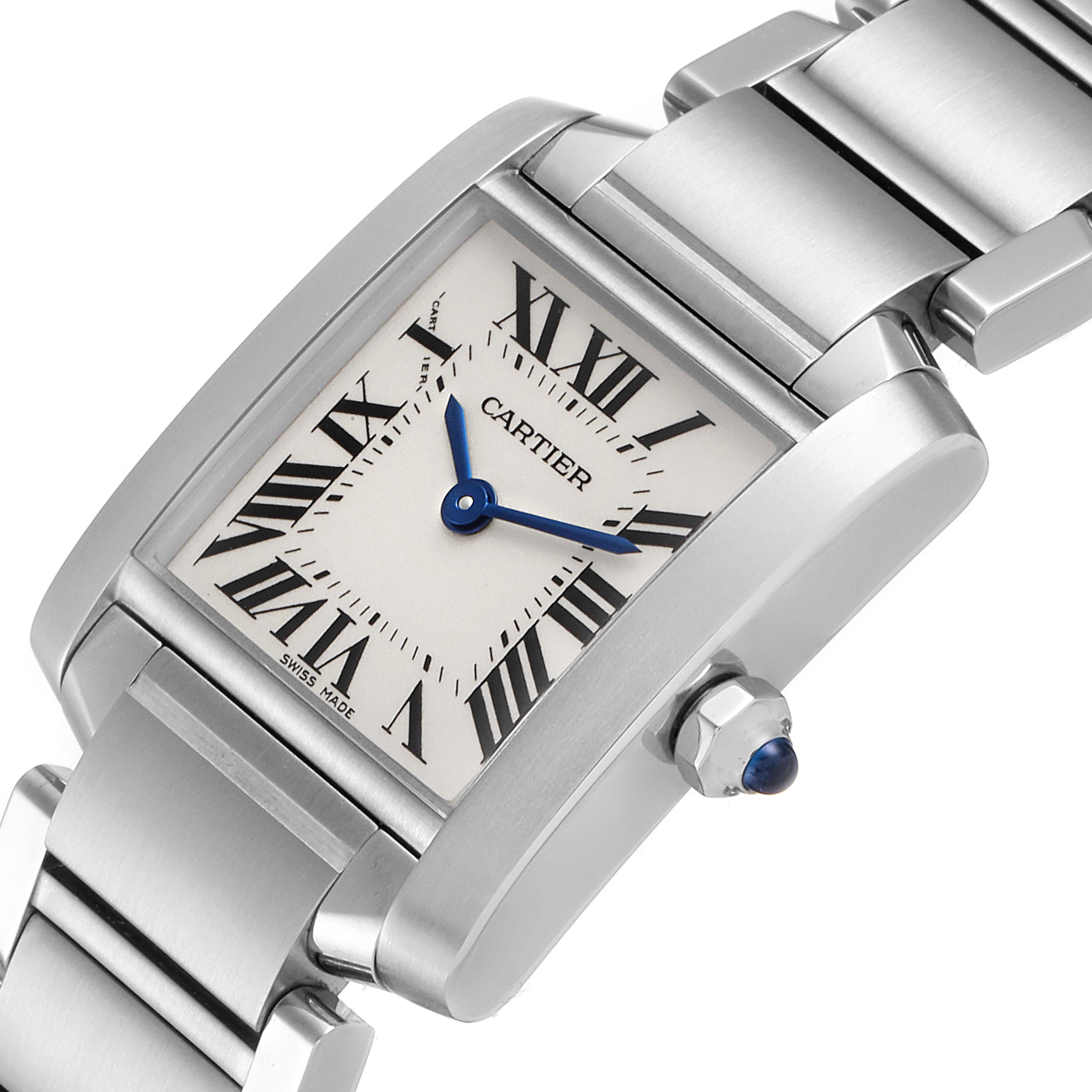 The image shows a close-up angle of the Cartier Tank Francaise W51008Q3 Women's Stainless Steel Silver Dial W51008Q3 Women's Stainless Steel Silver Dial watch, highlighting the rectangular face, roman numerals, and bracelet.