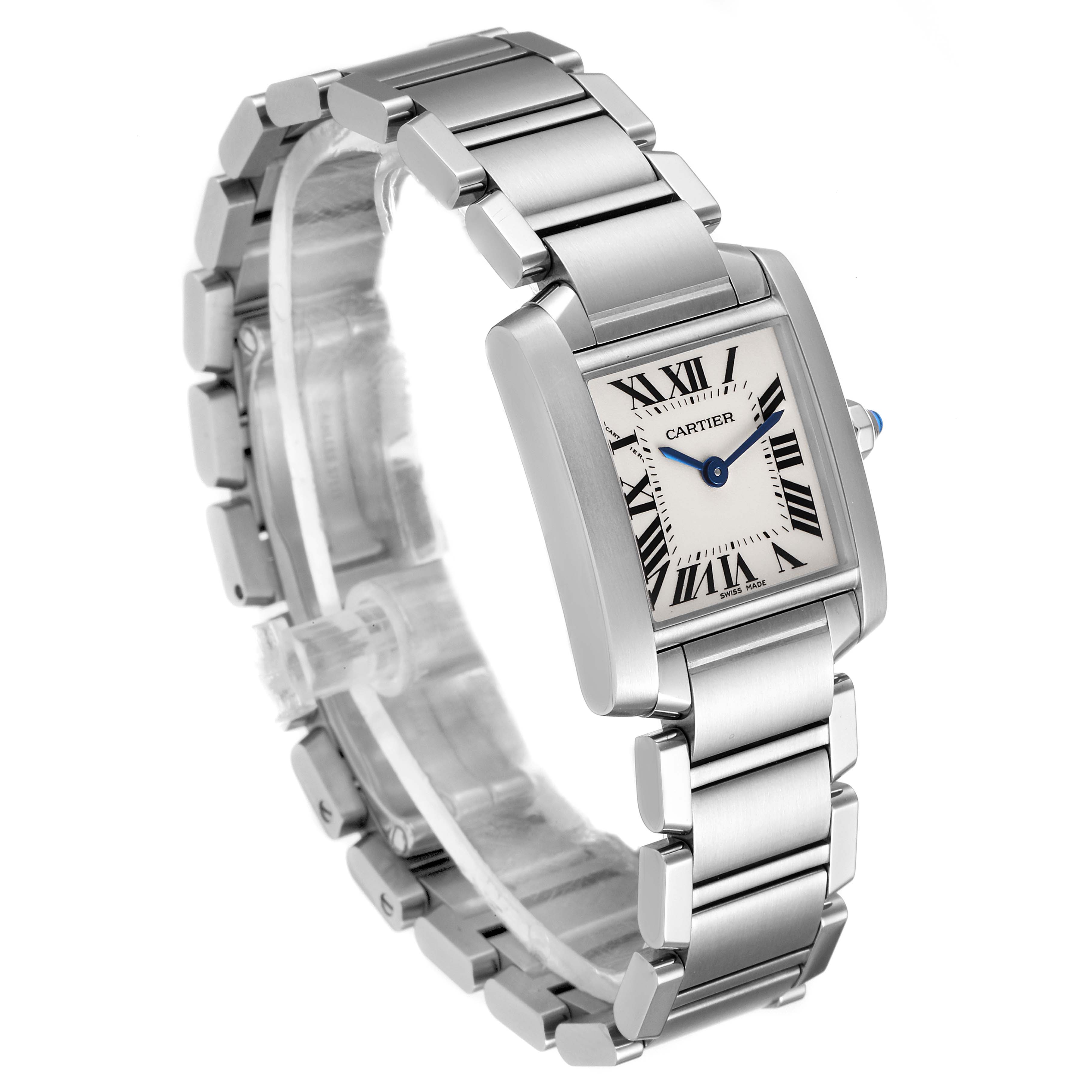 The image shows a Cartier Tank Francaise W51008Q3 Women's Stainless Steel Silver Dial W51008Q3 Women's Stainless Steel Silver Dial watch from a side angle, displaying its rectangular face and metal bracelet.