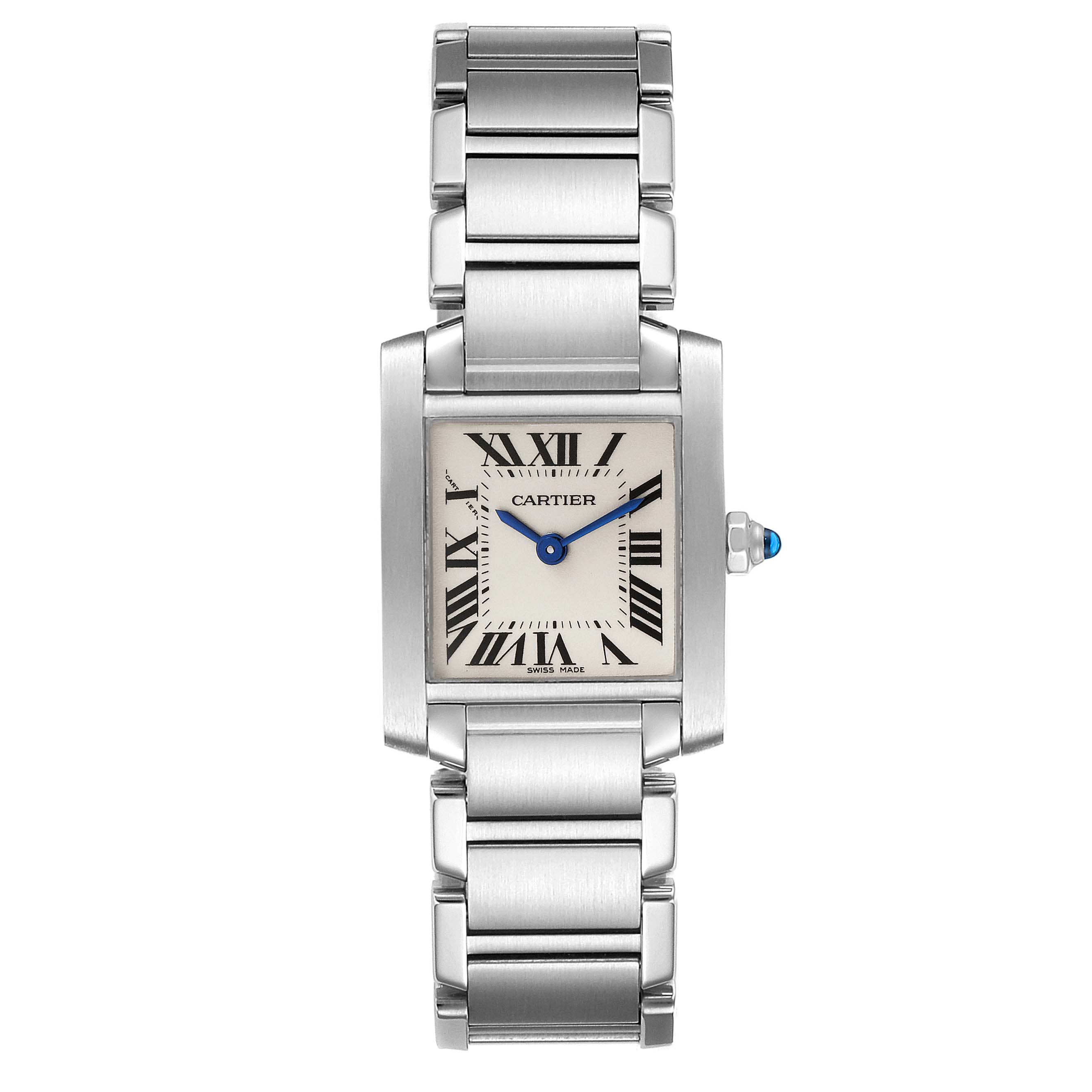 The Cartier Tank Francaise W51008Q3 Women's Stainless Steel Silver Dial W51008Q3 Women's Stainless Steel Silver Dial watch is shown from a top-down angle displaying its face, Roman numerals, hands, and metal bracelet.