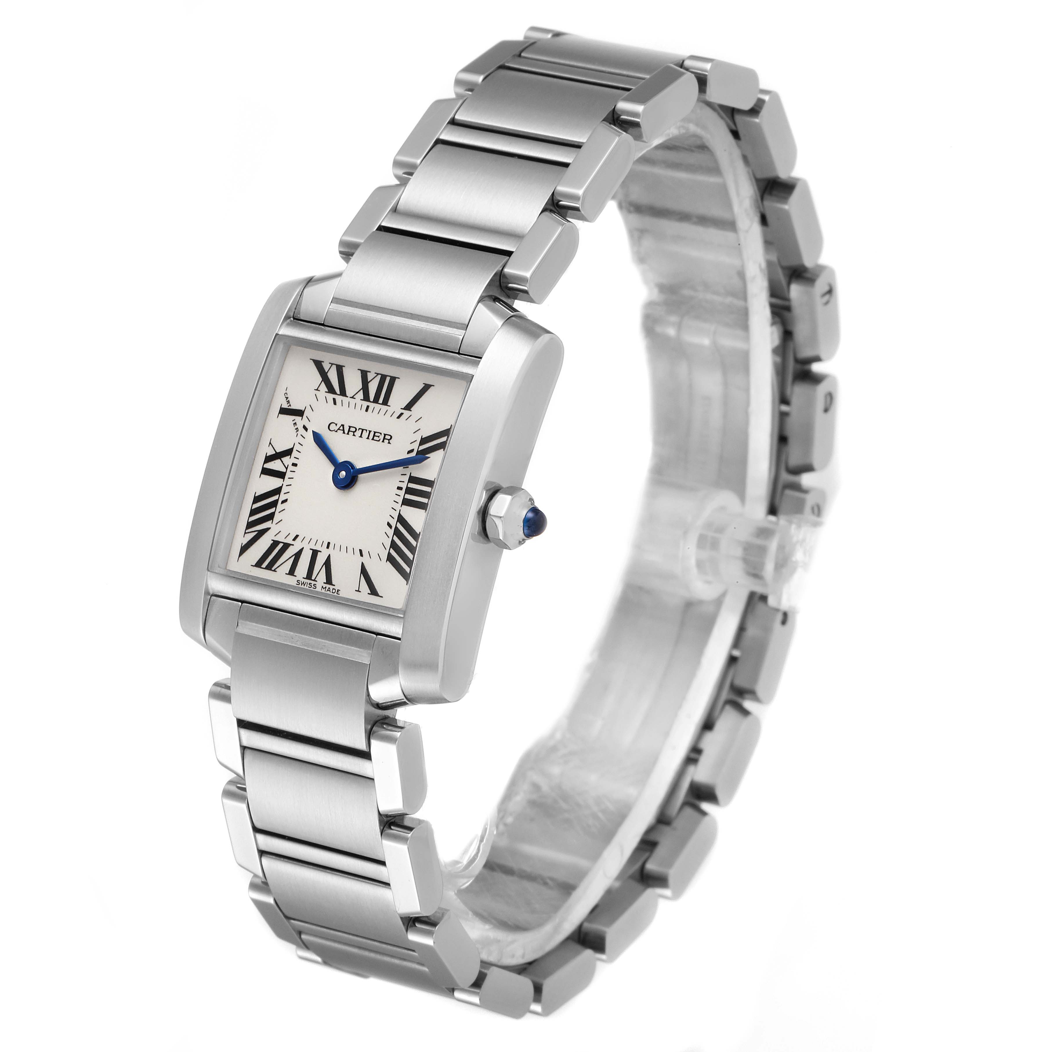 The image shows a Cartier Tank Francaise W51008Q3 Women's Stainless Steel Silver Dial W51008Q3 Women's Stainless Steel Silver Dial watch, focusing on its rectangular face, blue hands, and stainless steel bracelet from a 3/4 angle.