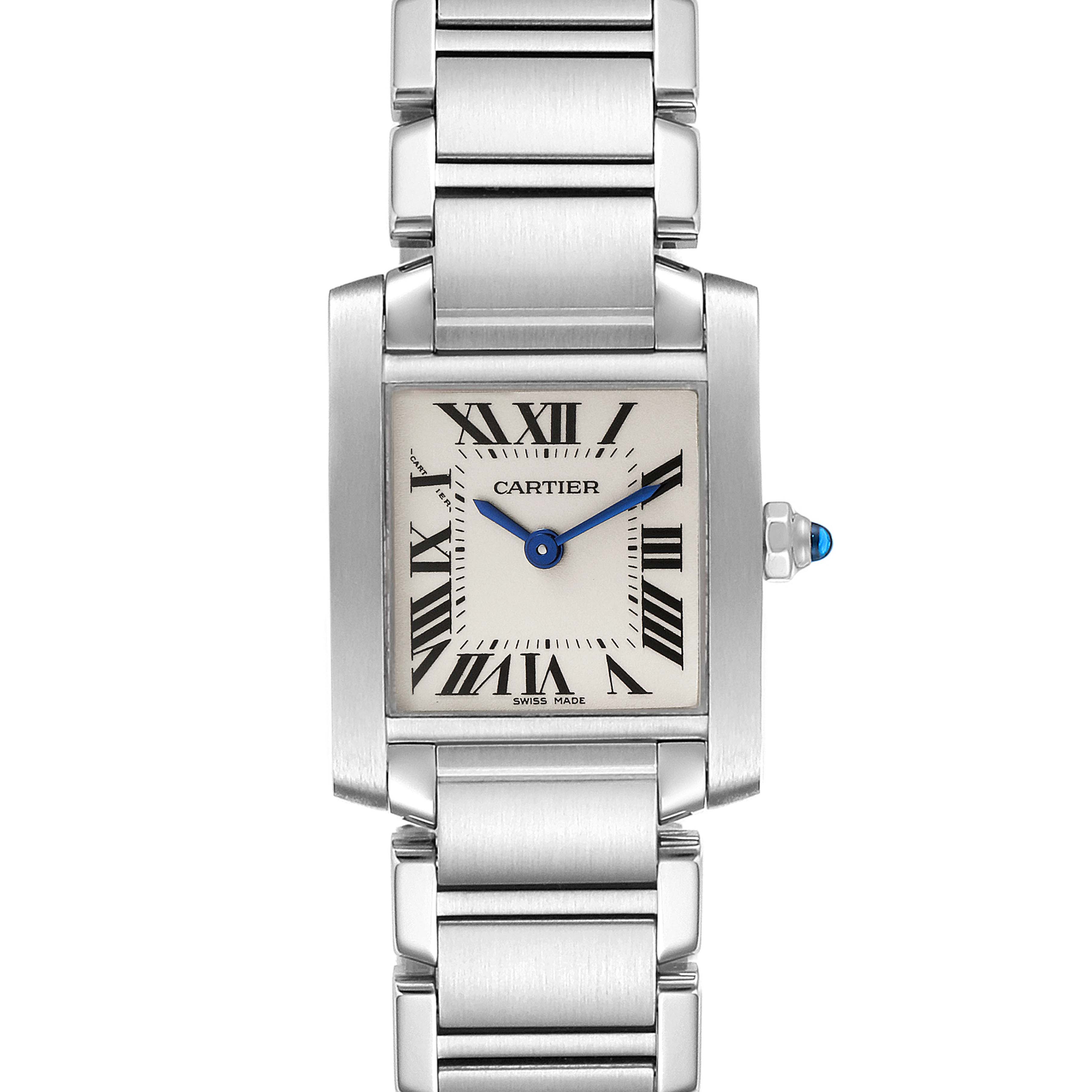 This image shows a Cartier Tank Française watch from a front angle, displaying the dial, case, bracelet, and crown.