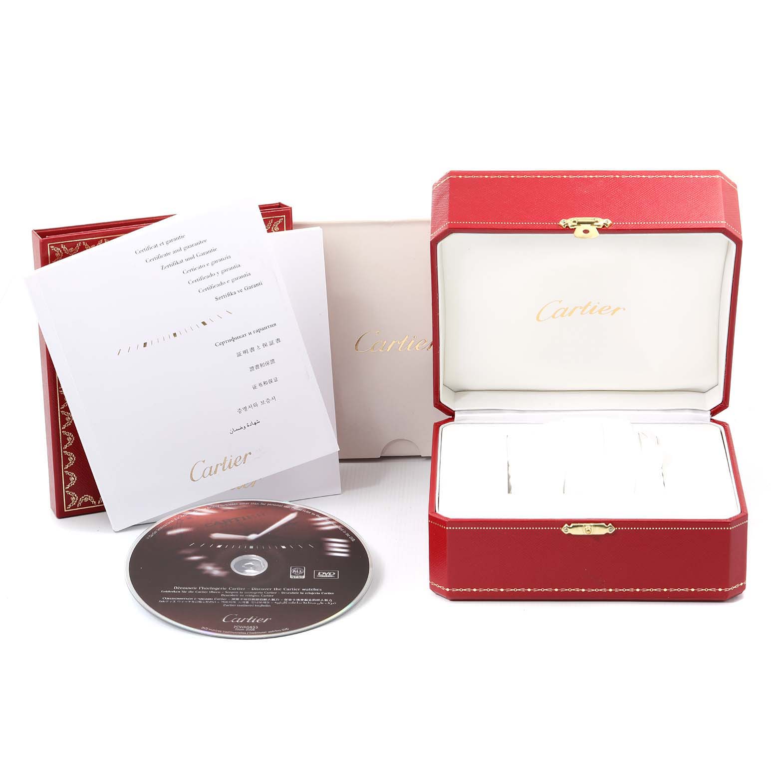 The image shows the packaging, warranty cards, and a CD for the Cartier Tank Francaise W51008Q3 Women's Stainless Steel Silver Dial W51008Q3 Women's Stainless Steel Silver Dial watch, including the red watch box.