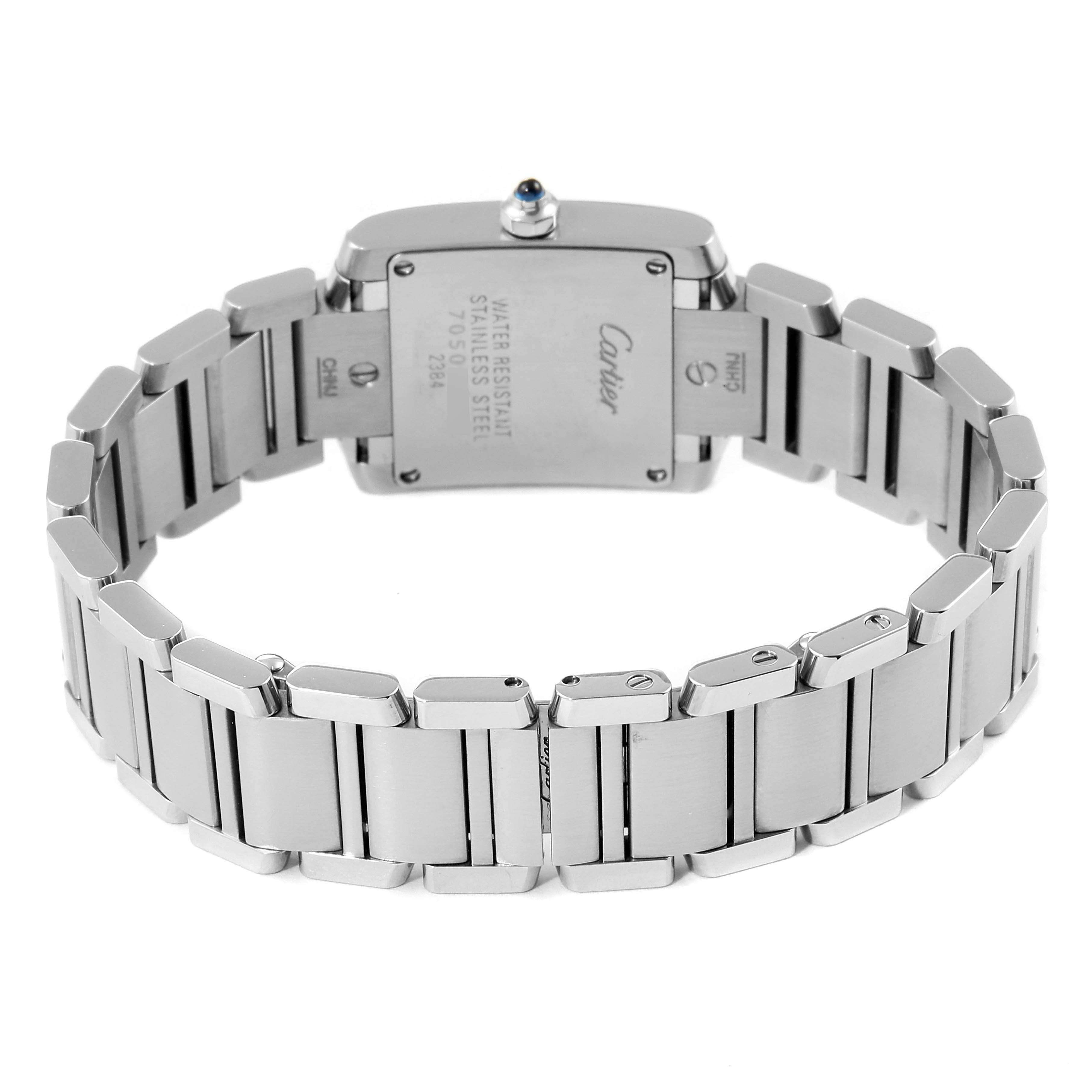 The image shows the back view and bracelet of the Cartier Tank Francaise W51008Q3 Women's Stainless Steel Silver Dial W51008Q3 Women's Stainless Steel Silver Dial watch.