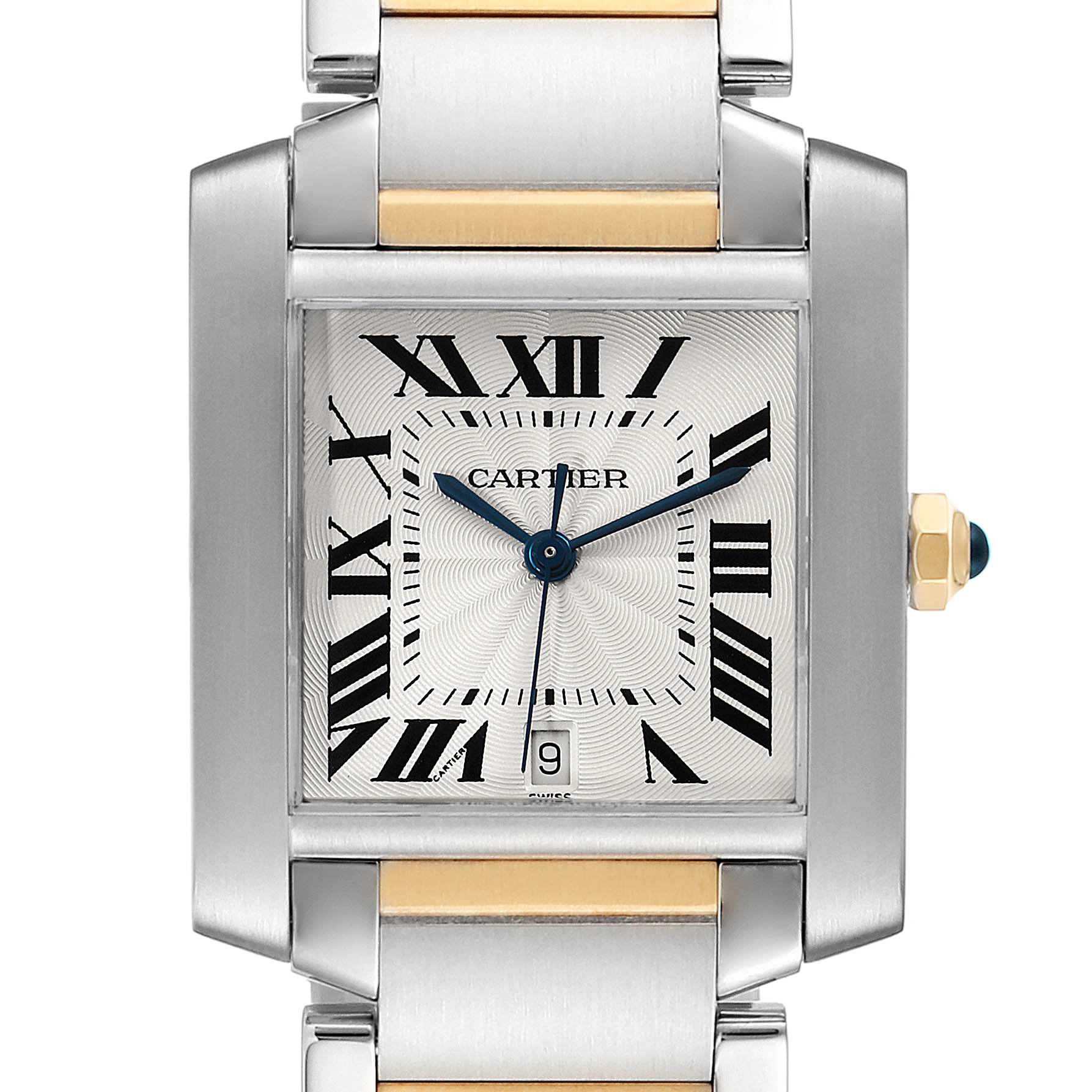 The image shows the face and part of the bracelet of the Cartier Tank Francaise W51005Q4 Men's Steel and Gold (two tone) Silver Dial W51005Q4 Men's Steel and Gold (two tone) Silver Dial watch from a front angle.