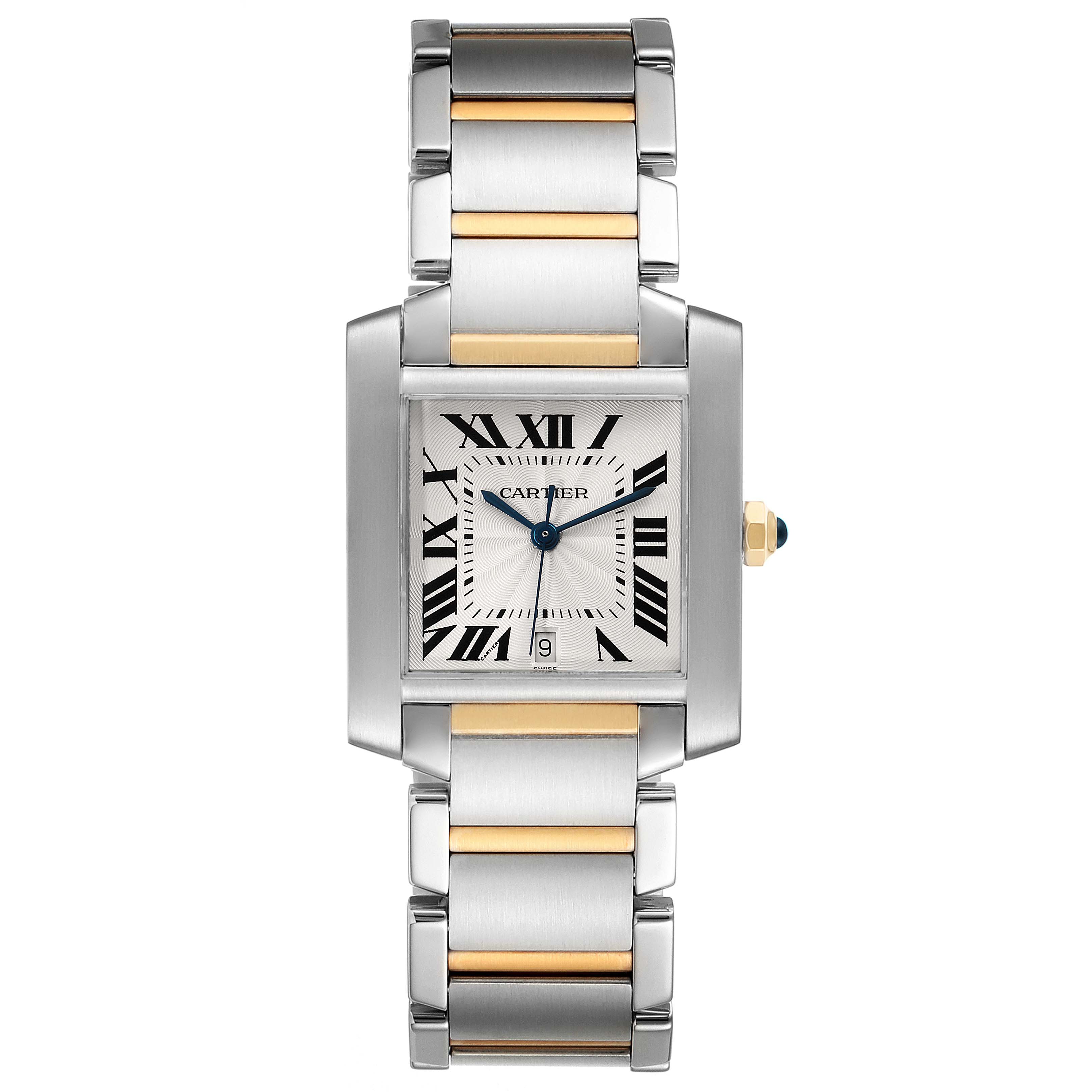 The image shows a front view of the Cartier Tank Française watch, displaying the face, crown, and stainless steel and gold bracelet.
