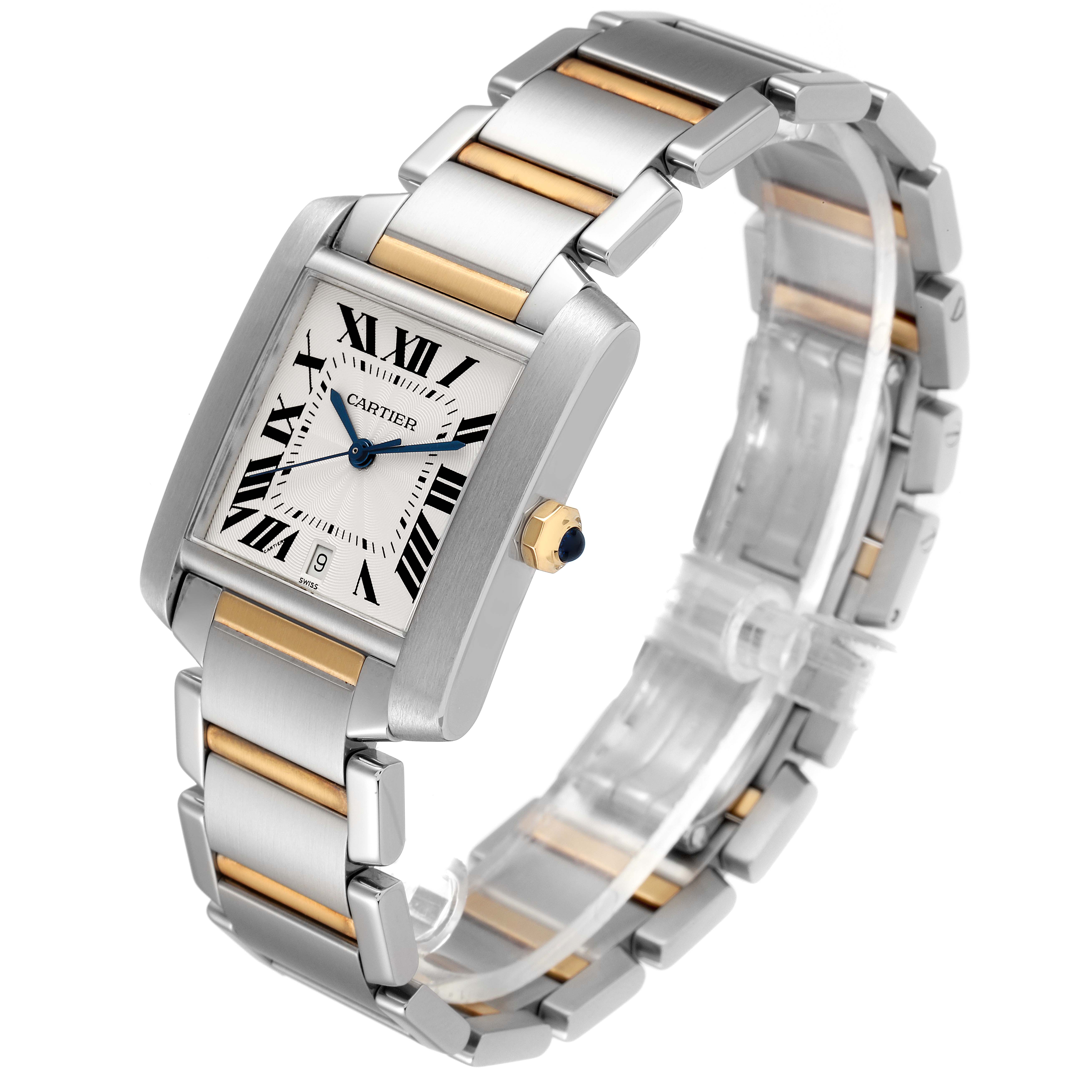 The image shows a Cartier Tank Francaise W51005Q4 Men's Steel and Gold (two tone) Silver Dial W51005Q4 Men's Steel and Gold (two tone) Silver Dial watch at a three-quarter angle, highlighting its rectangular face, Roman numeral dial, and two-tone bracelet.
