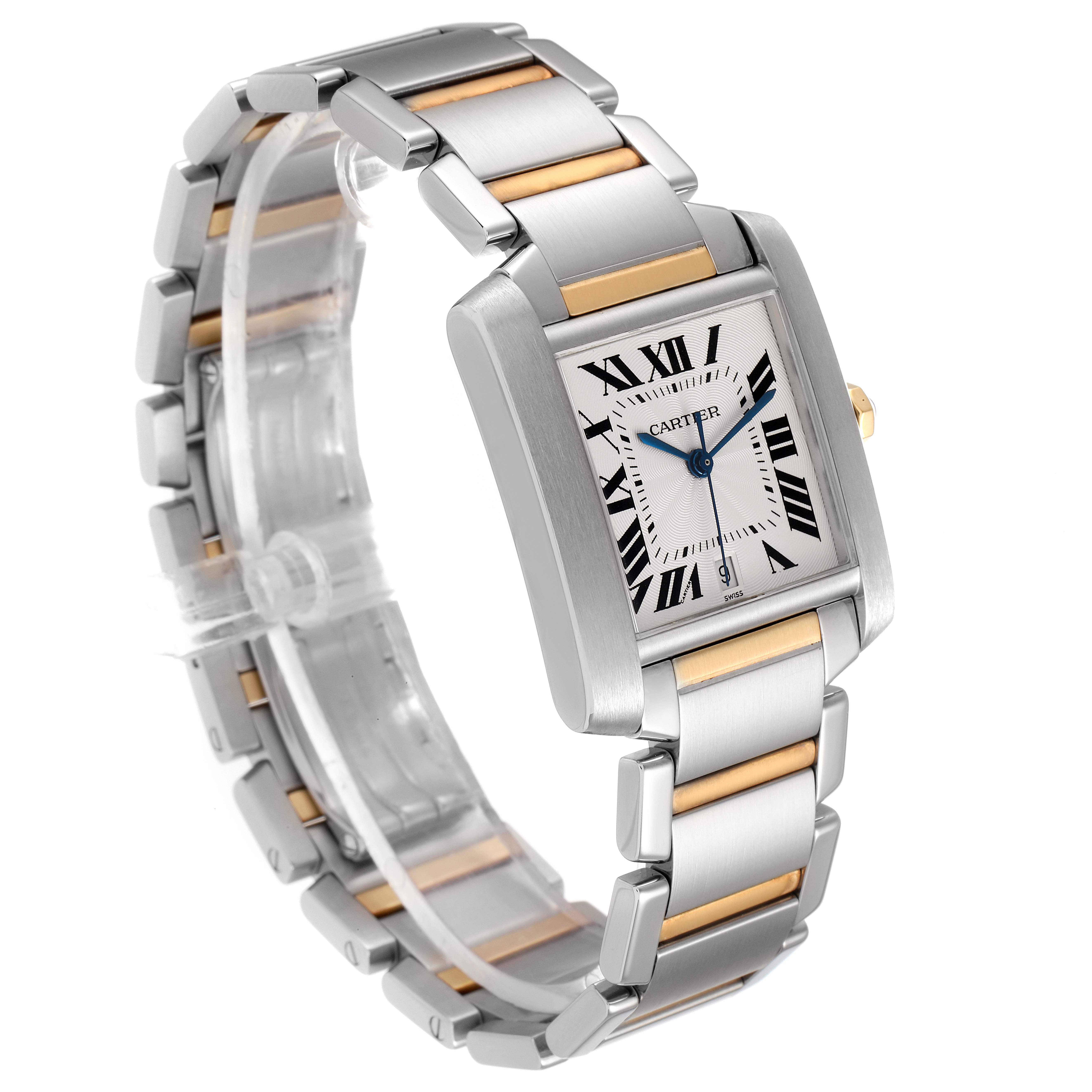 The image shows a side angle of a Cartier Tank Française watch, highlighting its rectangular face, Roman numerals, and two-tone metal band.