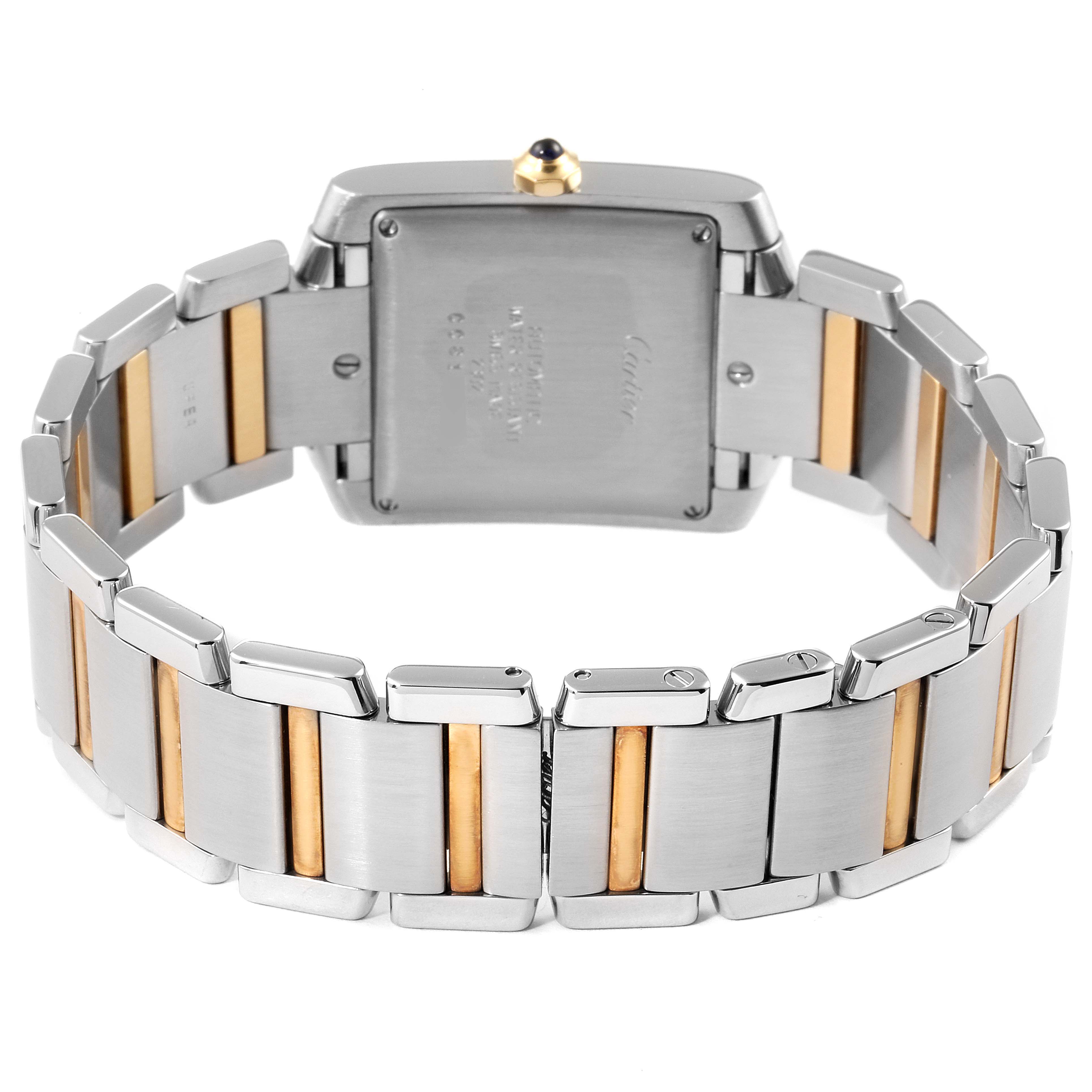 This image shows the back and bracelet of a Cartier Tank Francaise W51005Q4 Men's Steel and Gold (two tone) Silver Dial W51005Q4 Men's Steel and Gold (two tone) Silver Dial watch, emphasizing its two-tone metal links.