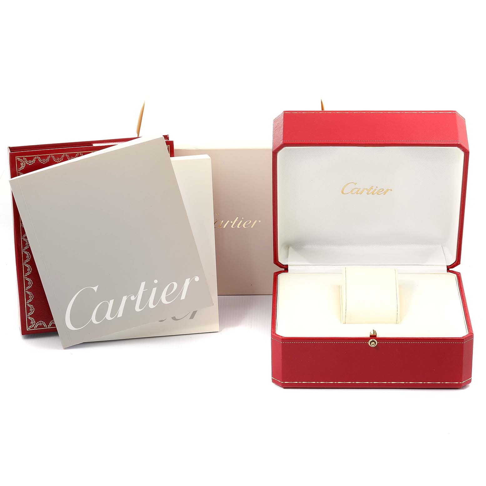 The image shows the packaging for the Cartier Tank Francaise W51005Q4 Men's Steel and Gold (two tone) Silver Dial W51005Q4 Men's Steel and Gold (two tone) Silver Dial model, including a red box, an instruction manual, and a beige booklet.
