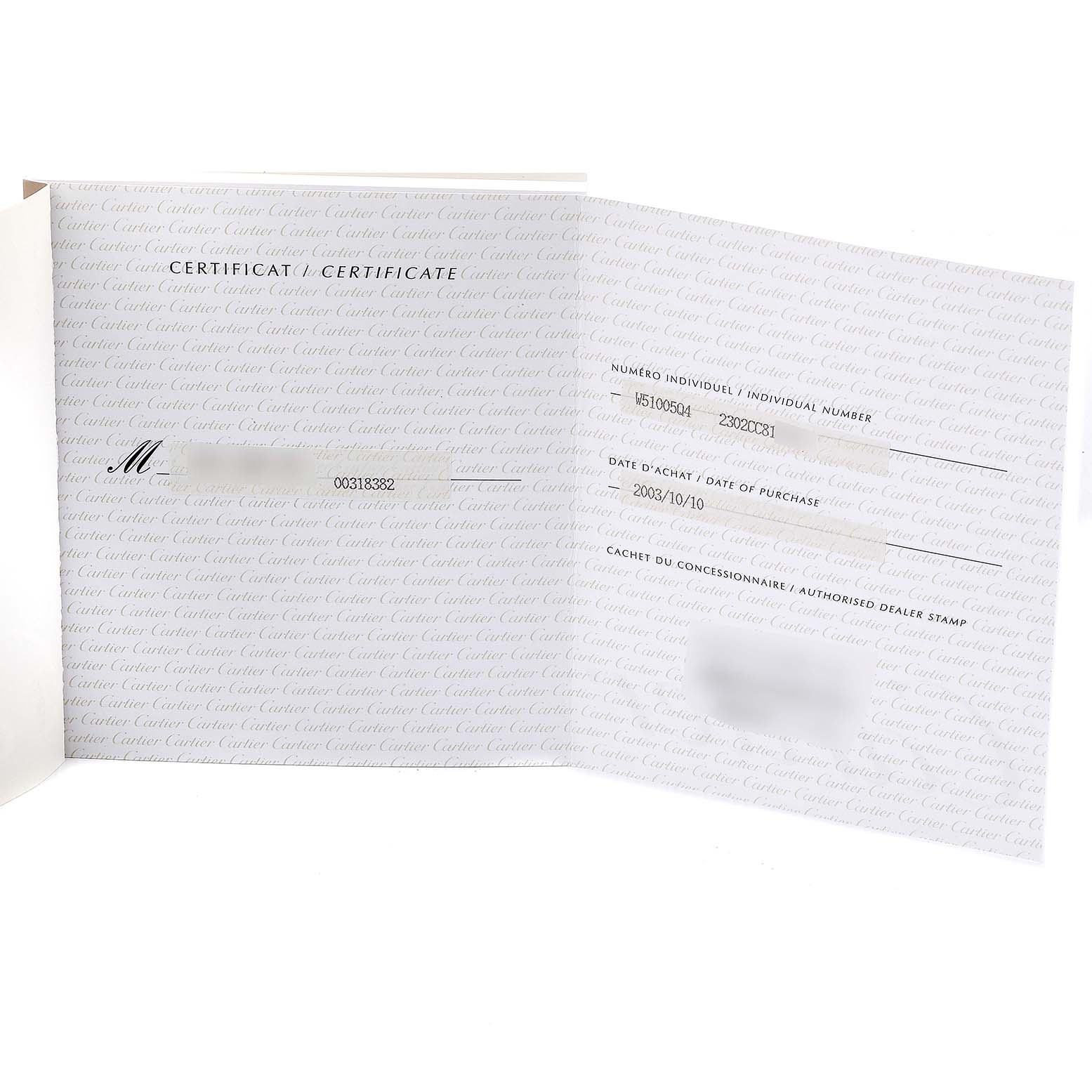 The image shows a Cartier certificate booklet opened at an angle for the Tank Française model.