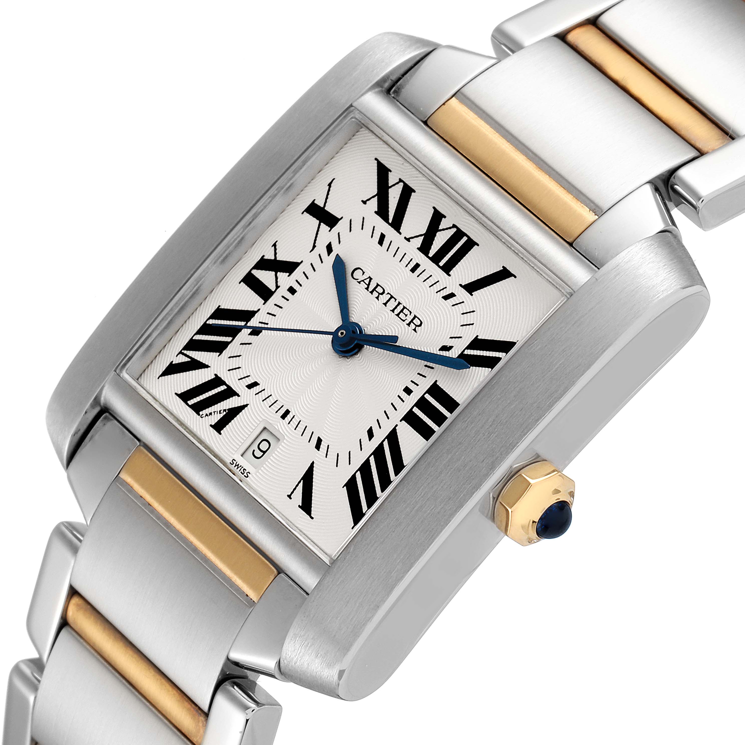 The Cartier Tank Francaise W51005Q4 Men's Steel and Gold (two tone) Silver Dial W51005Q4 Men's Steel and Gold (two tone) Silver Dial watch is shown at a tilted angle, displaying its face, crown, and part of the bracelet.