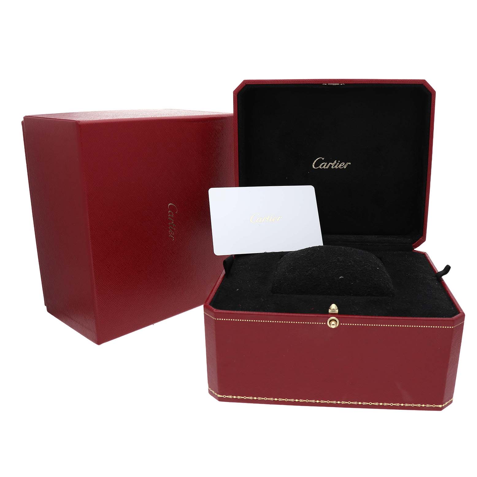 The image shows the Cartier Tank Louis WGTA0011 Men's Rose Gold Silver Dial watch box and accessories, including the outer box, inner display box, and a card.