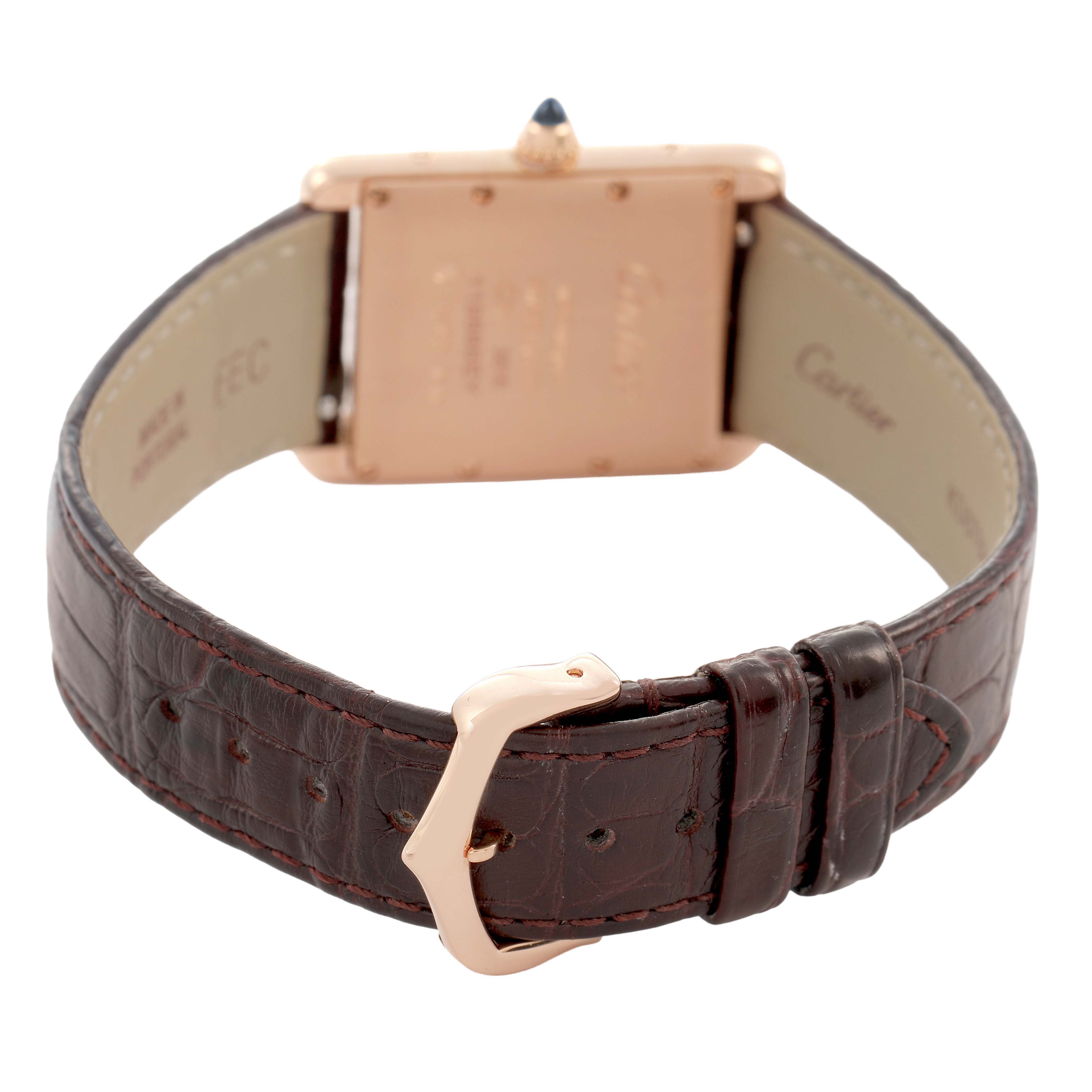 The image shows the back view of a Cartier Tank Louis WGTA0011 Men's Rose Gold Silver Dial watch with its leather strap and buckle displayed.
