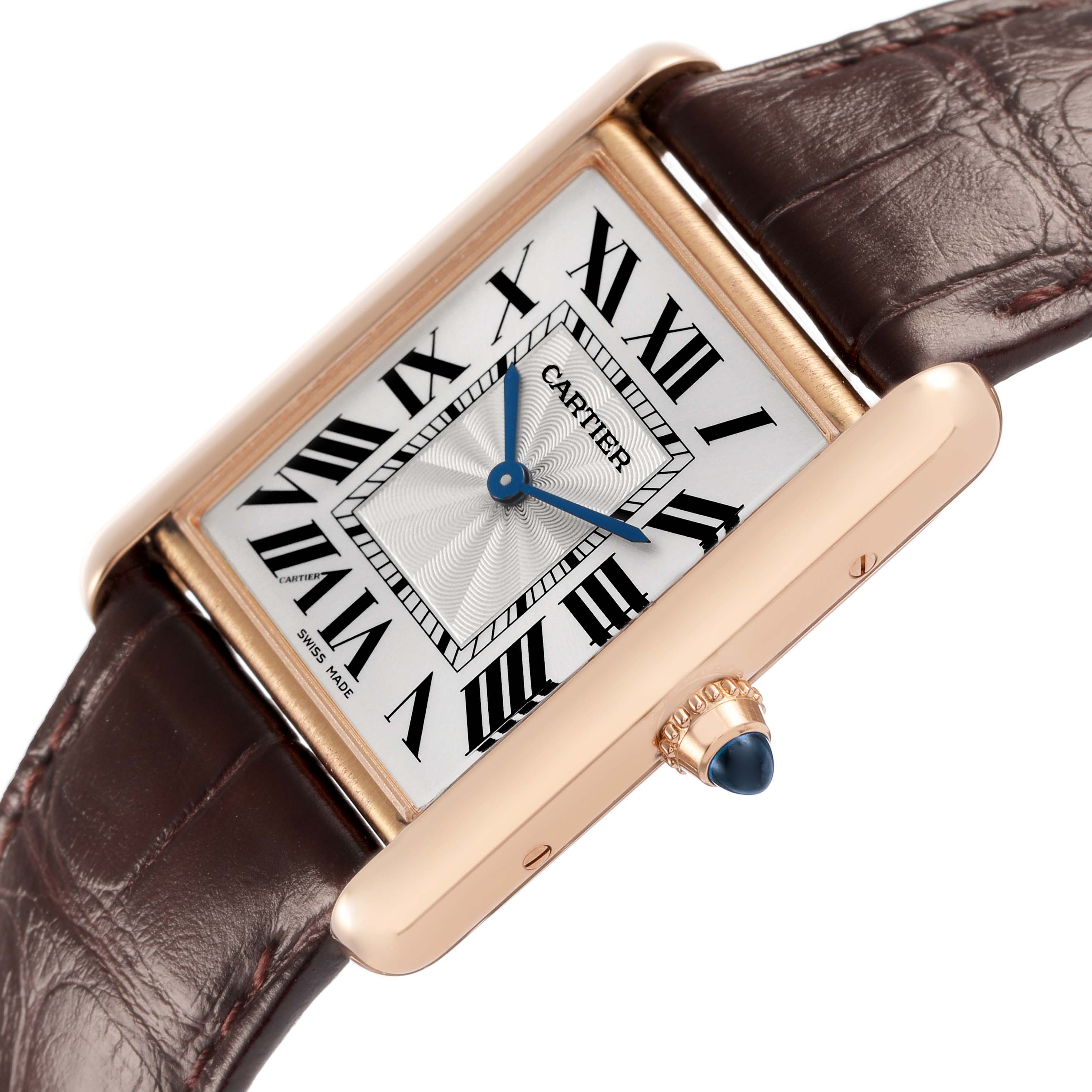 The image shows a close-up side angle of the Cartier Tank Louis WGTA0011 Men's Rose Gold Silver Dial watch, highlighting the dial, crown, and leather strap.