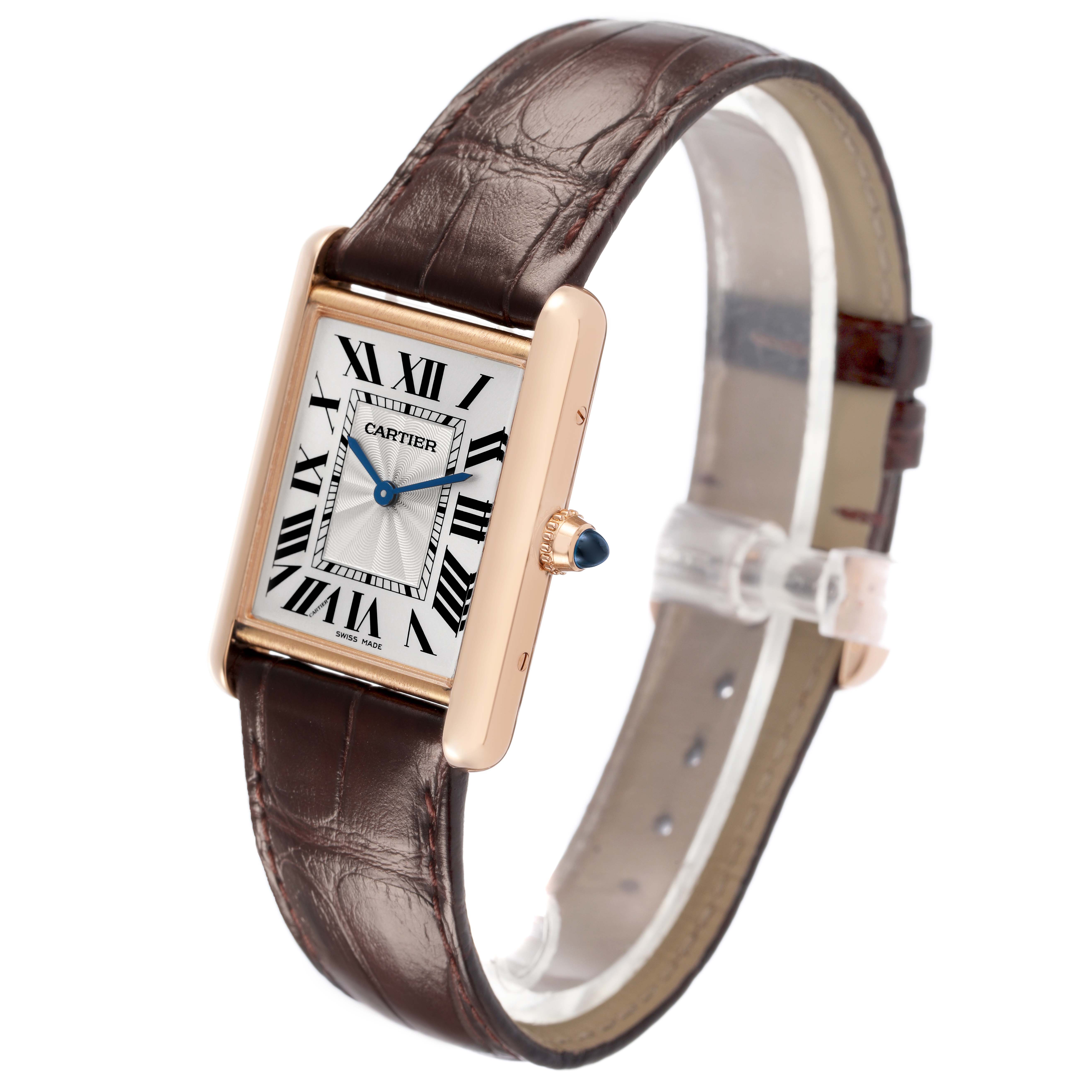The Cartier Tank Louis WGTA0011 Men's Rose Gold Silver Dial watch is shown at an angled view, displaying the rectangular case, Roman numeral dial, and brown leather strap.