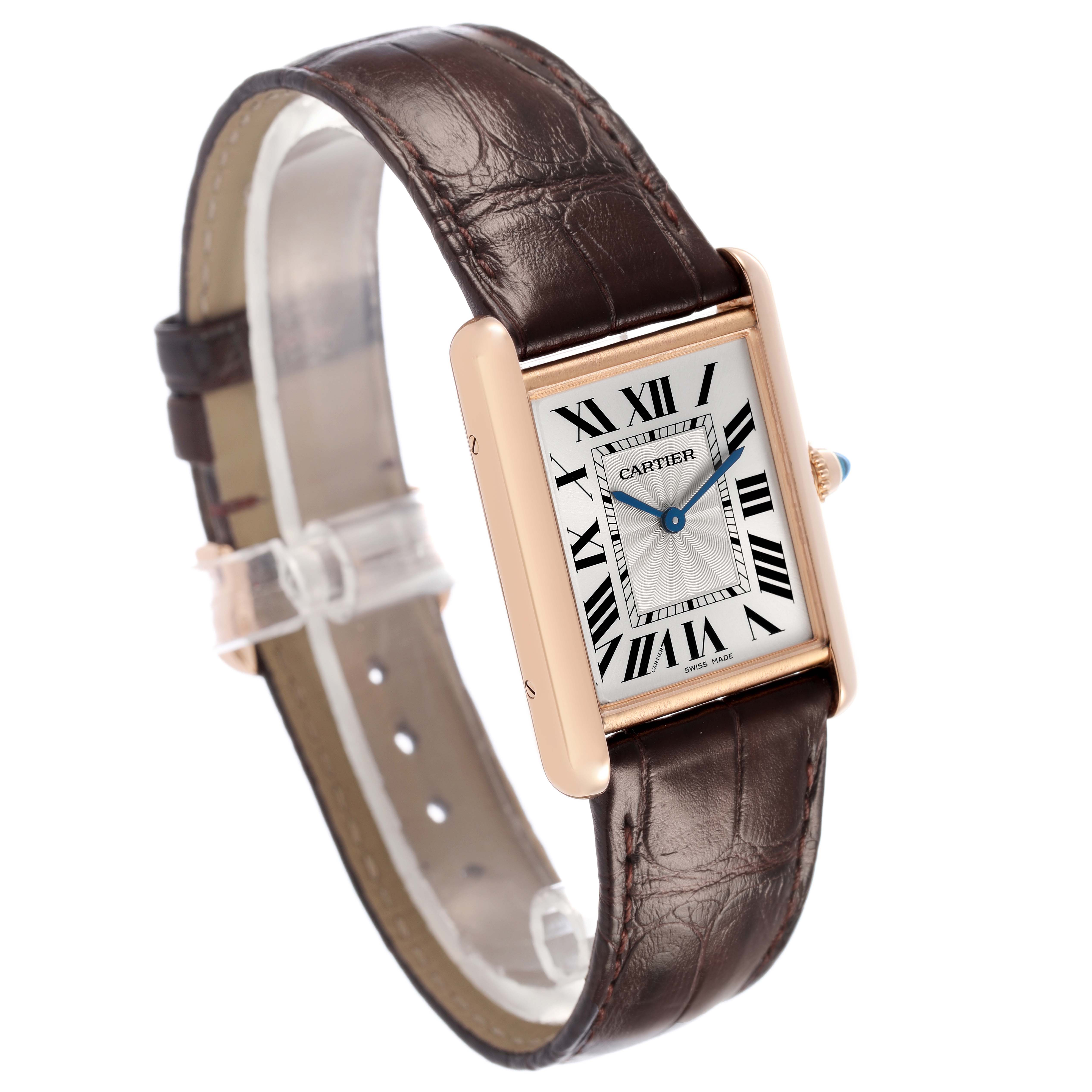 The Cartier Tank Louis WGTA0011 Men's Rose Gold Silver Dial watch is shown at an angled view, displaying its rectangular dial, roman numerals, and leather strap.