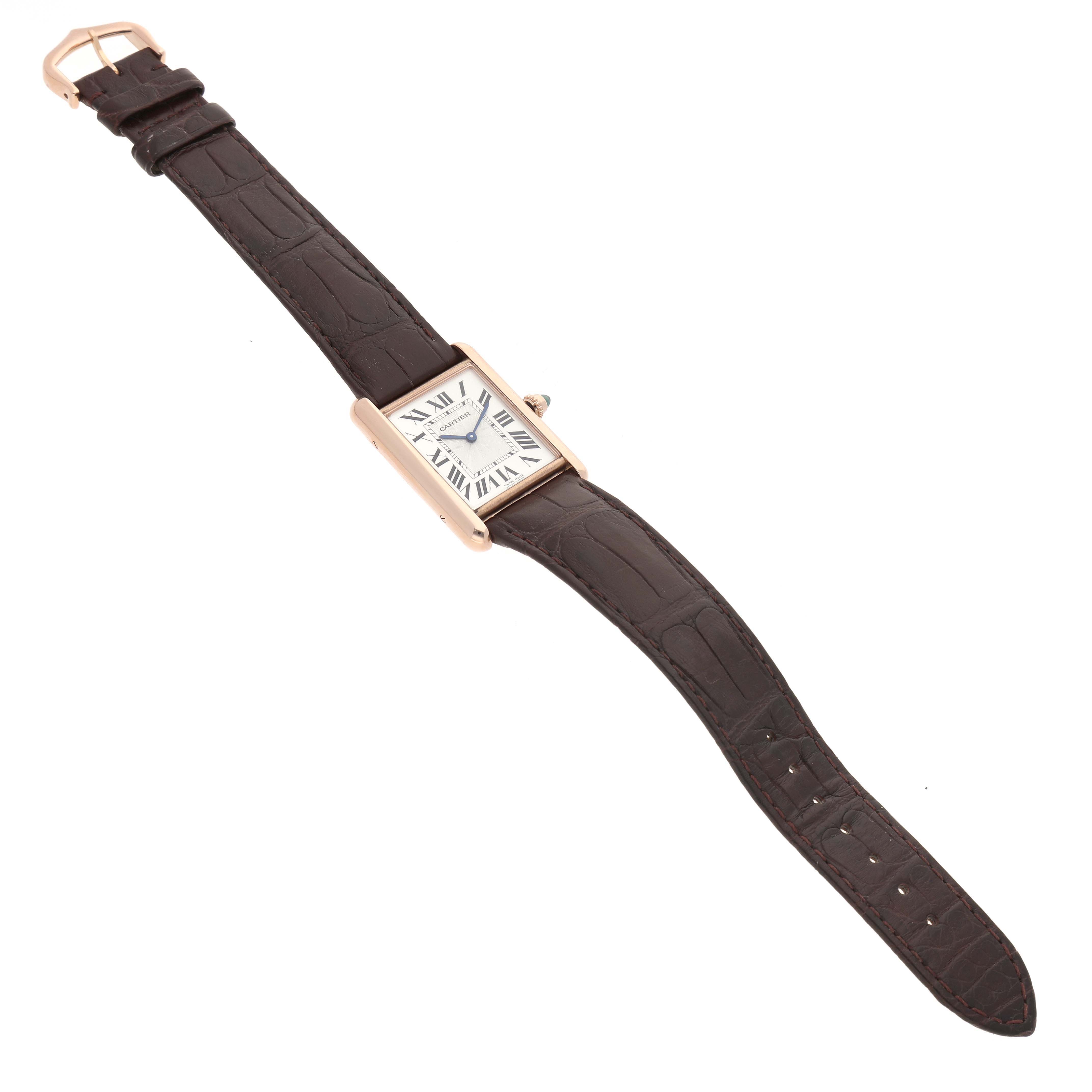 The Cartier Tank Louis WGTA0011 Men's Rose Gold Silver Dial watch is shown at a slightly angled top view displaying its face, straps, and buckle.