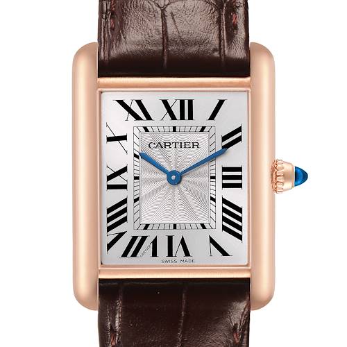 The Cartier Tank Louis WGTA0011 Men's Rose Gold Silver Dial watch is shown from the front, displaying its rectangular face, Roman numerals, and leather strap details.