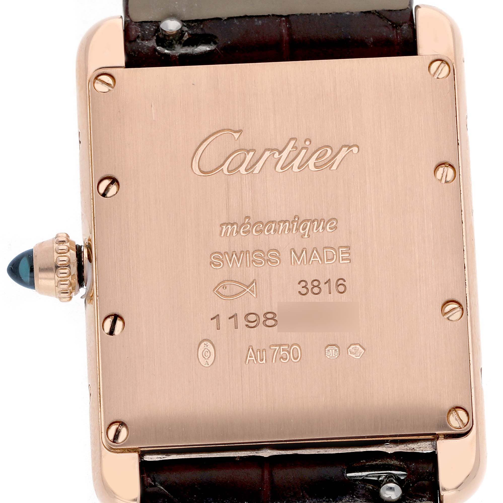 The image shows the back case of a Cartier Tank Louis WGTA0011 Men's Rose Gold Silver Dial watch, highlighting the inscriptions and crown detail.