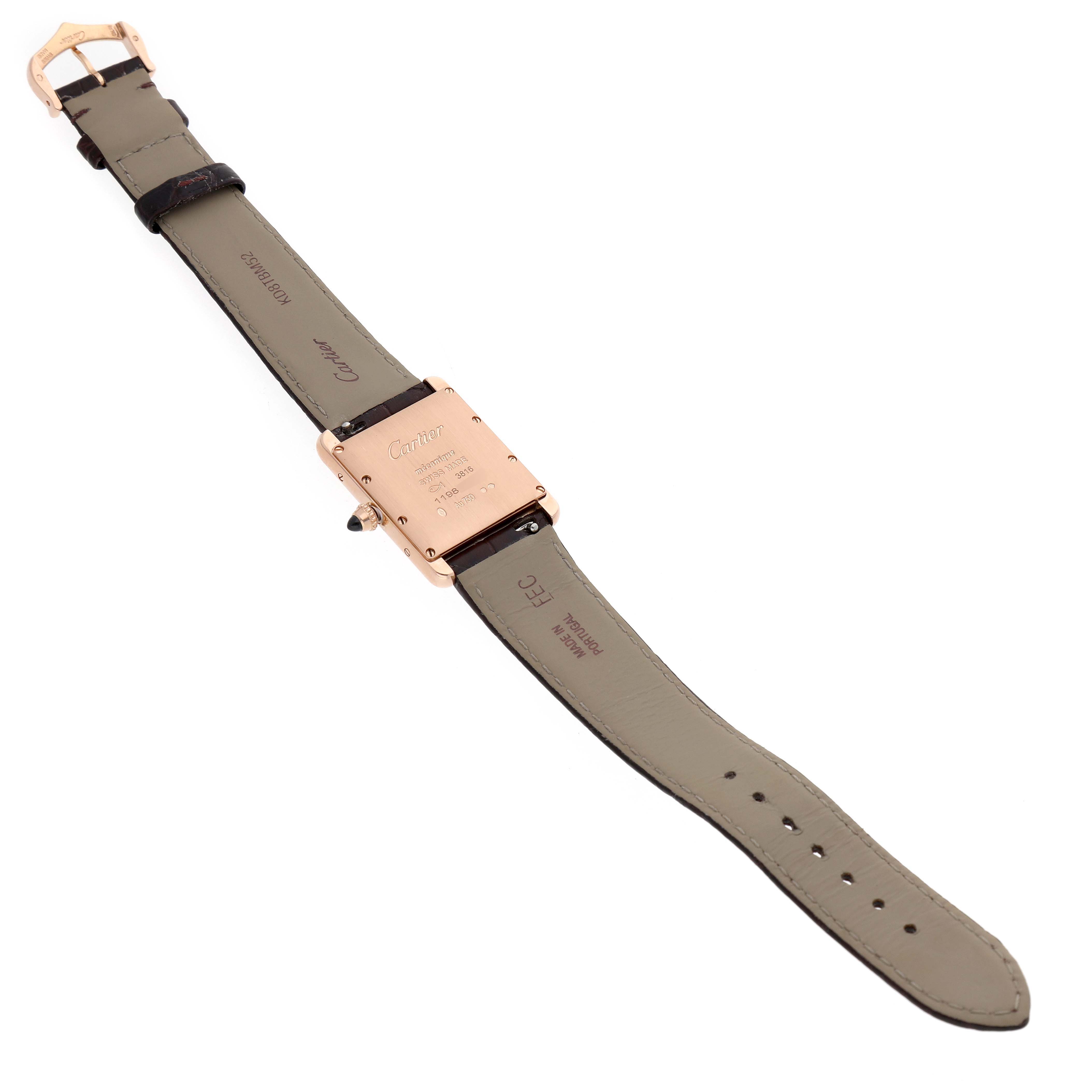 The image shows the back view of a Cartier Tank Louis WGTA0011 Men's Rose Gold Silver Dial watch, featuring the case back, strap, and buckle.