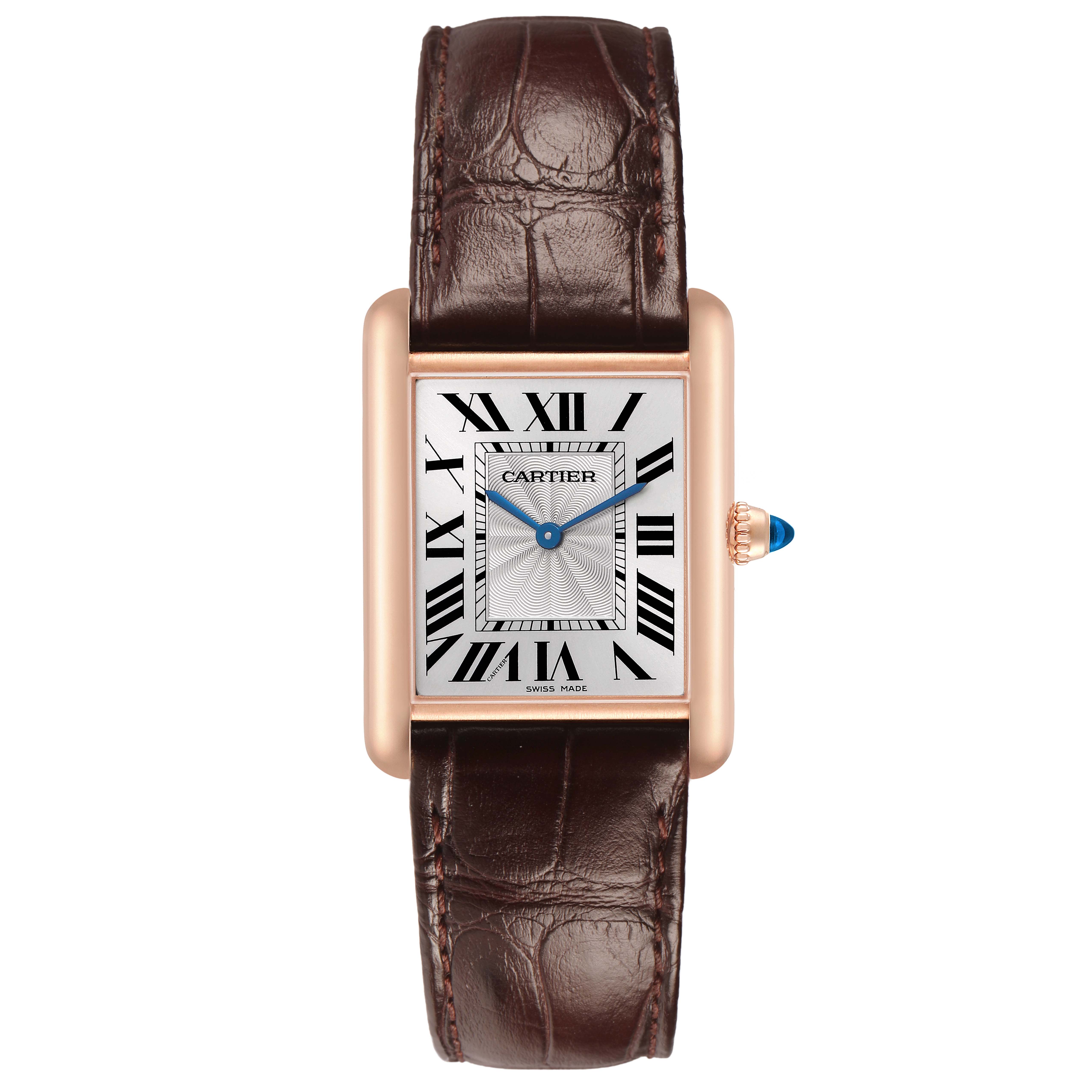 The Cartier Tank Louis WGTA0011 Men's Rose Gold Silver Dial watch is shown from a front angle, displaying its rectangular face, Roman numerals, blue hands, and a brown leather strap.