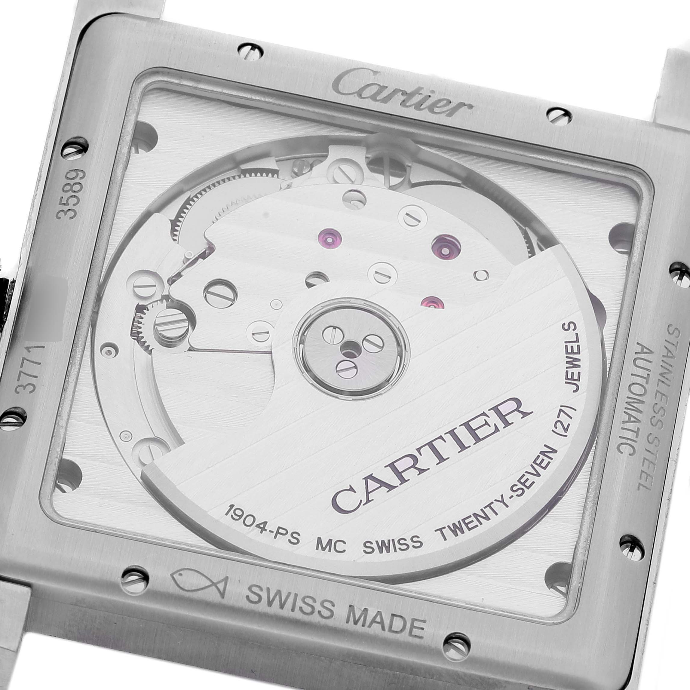 The image shows the back view of a Cartier Tank MC W5330004 Men's Stainless Steel Black Dial W5330004 Men's Stainless Steel Black Dial watch, displaying its automatic movement and stainless steel case.