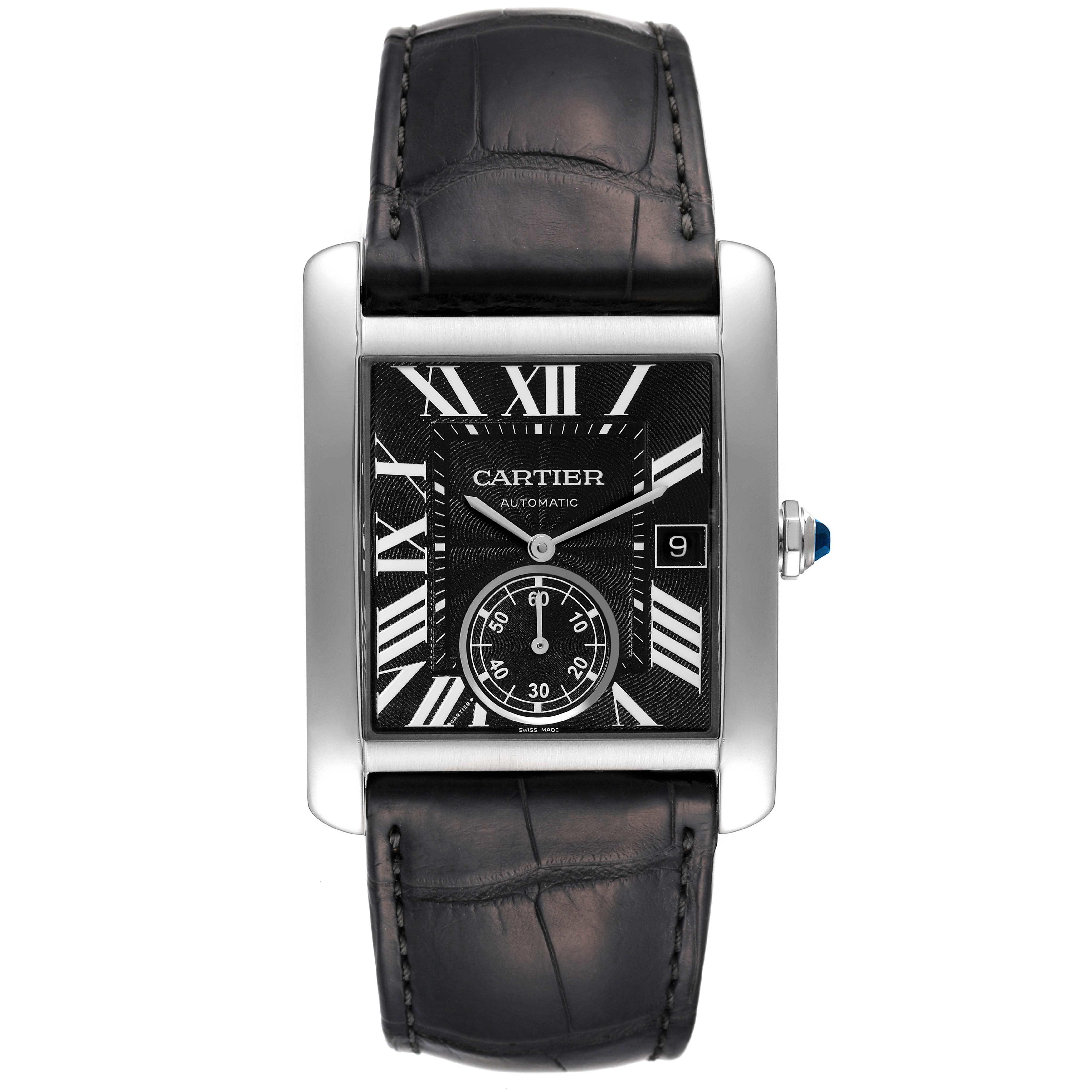 This image shows the Cartier Tank MC W5330004 Men's Stainless Steel Black Dial W5330004 Men's Stainless Steel Black Dial watch from a front angle, displaying its face, black strap, and crown.