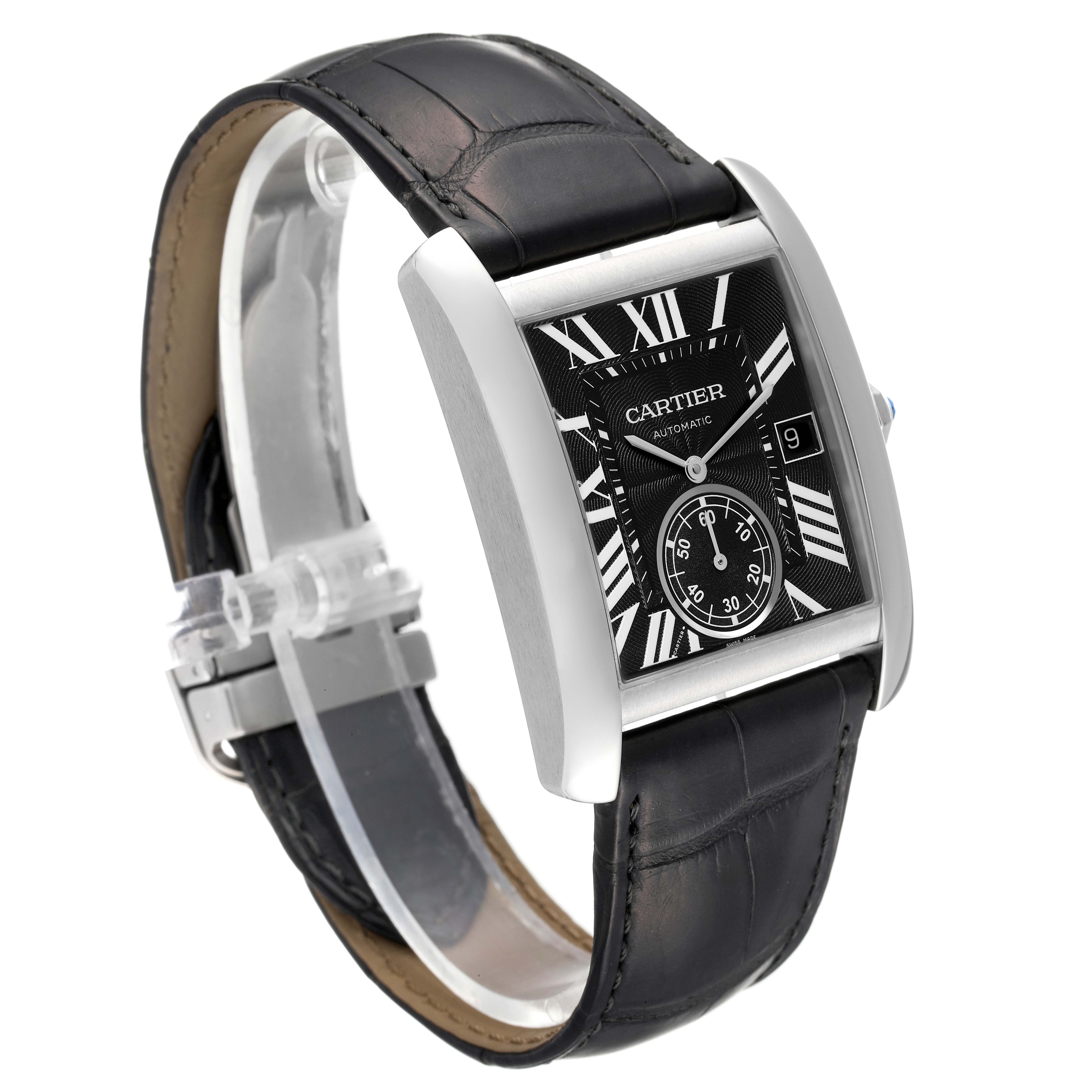 The image shows a Cartier Tank MC W5330004 Men's Stainless Steel Black Dial W5330004 Men's Stainless Steel Black Dial watch at a slight side angle, displaying its dial, case, strap, and clasp.