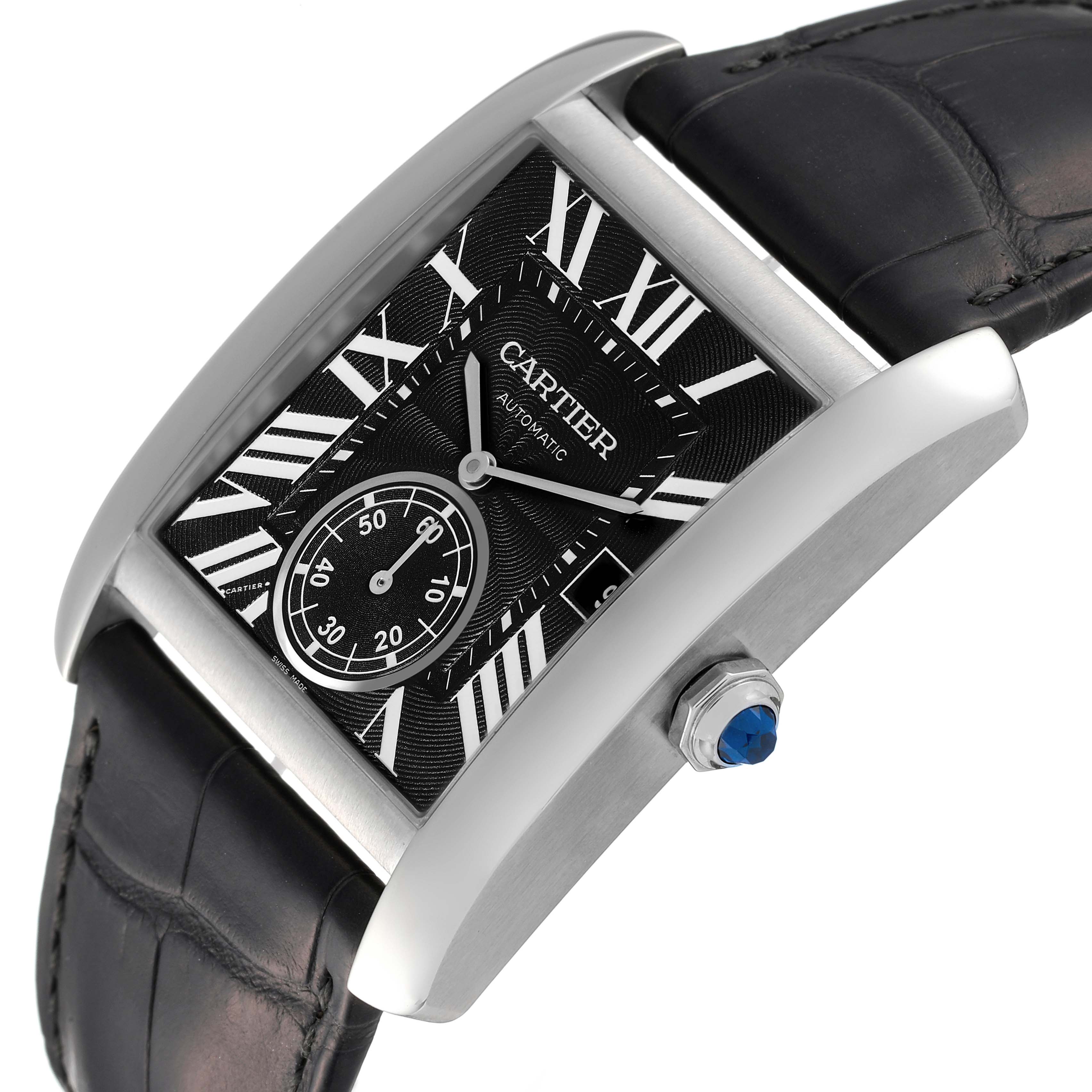The Cartier Tank MC W5330004 Men's Stainless Steel Black Dial W5330004 Men's Stainless Steel Black Dial watch is shown from an angled side view, displaying its face, case, crown, and leather strap.