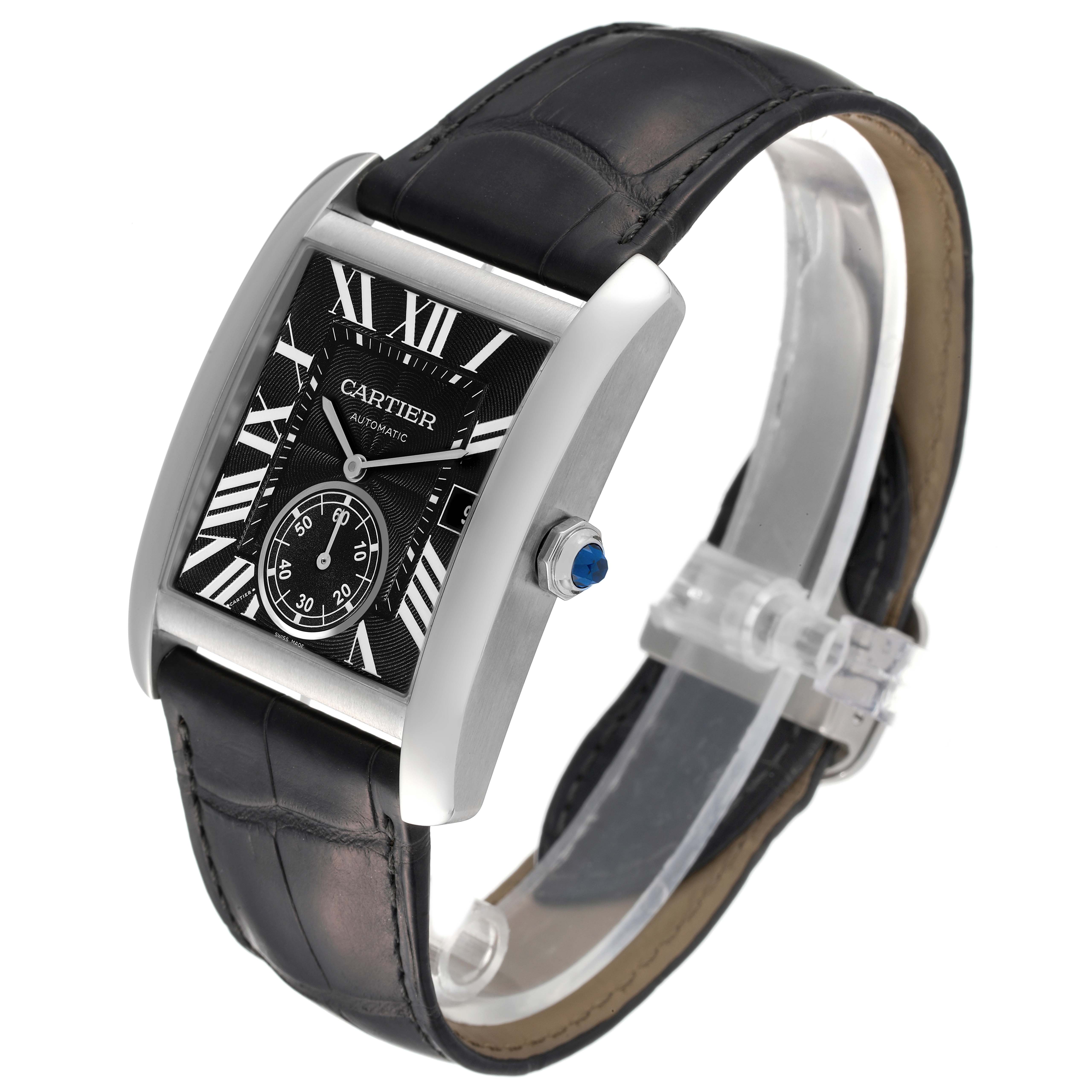 The Cartier Tank MC W5330004 Men's Stainless Steel Black Dial W5330004 Men's Stainless Steel Black Dial watch is shown at a slight angle, highlighting the face, strap, crown, and lugs.