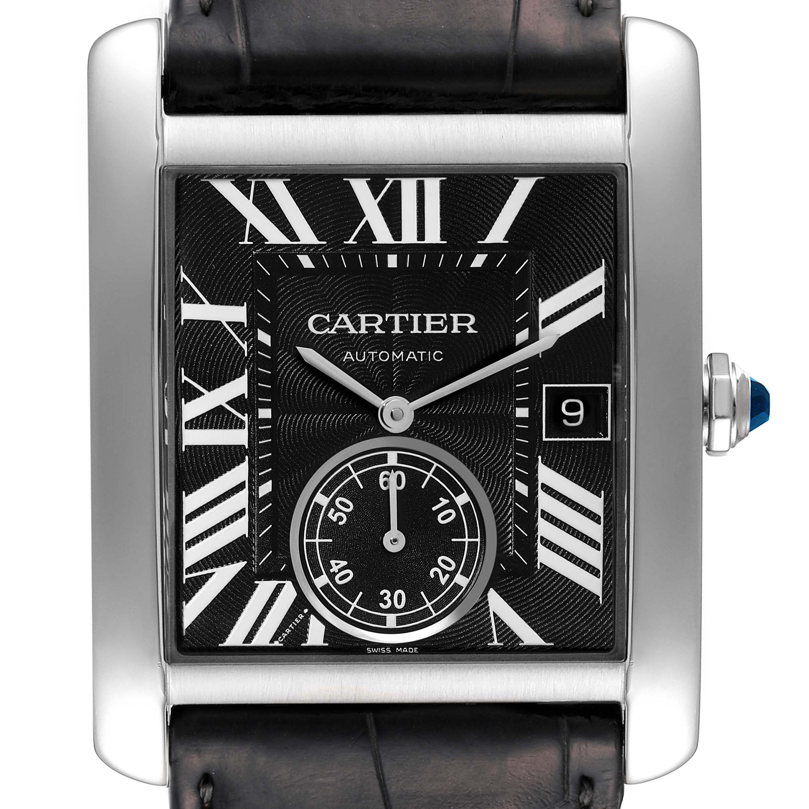 The image shows a front view of the Cartier Tank MC W5330004 Men's Stainless Steel Black Dial W5330004 Men's Stainless Steel Black Dial watch, highlighting the dial, Roman numerals, and date window.