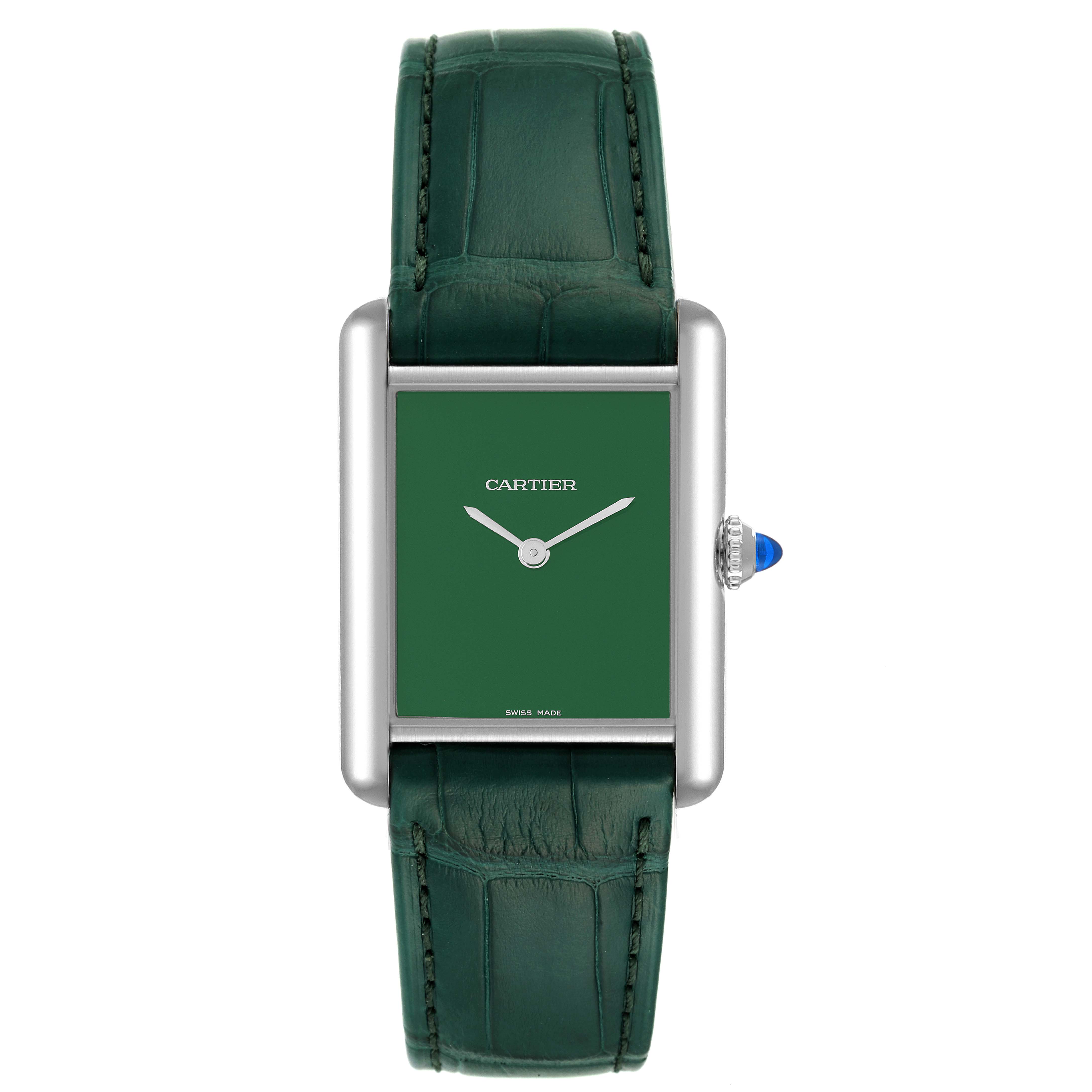 The image shows a head-on view of the Cartier Tank Must WSTA0056 Women's Stainless Steel Green Dial WSTA0056 Women's Stainless Steel Green Dial watch featuring a green dial and matching green leather strap.