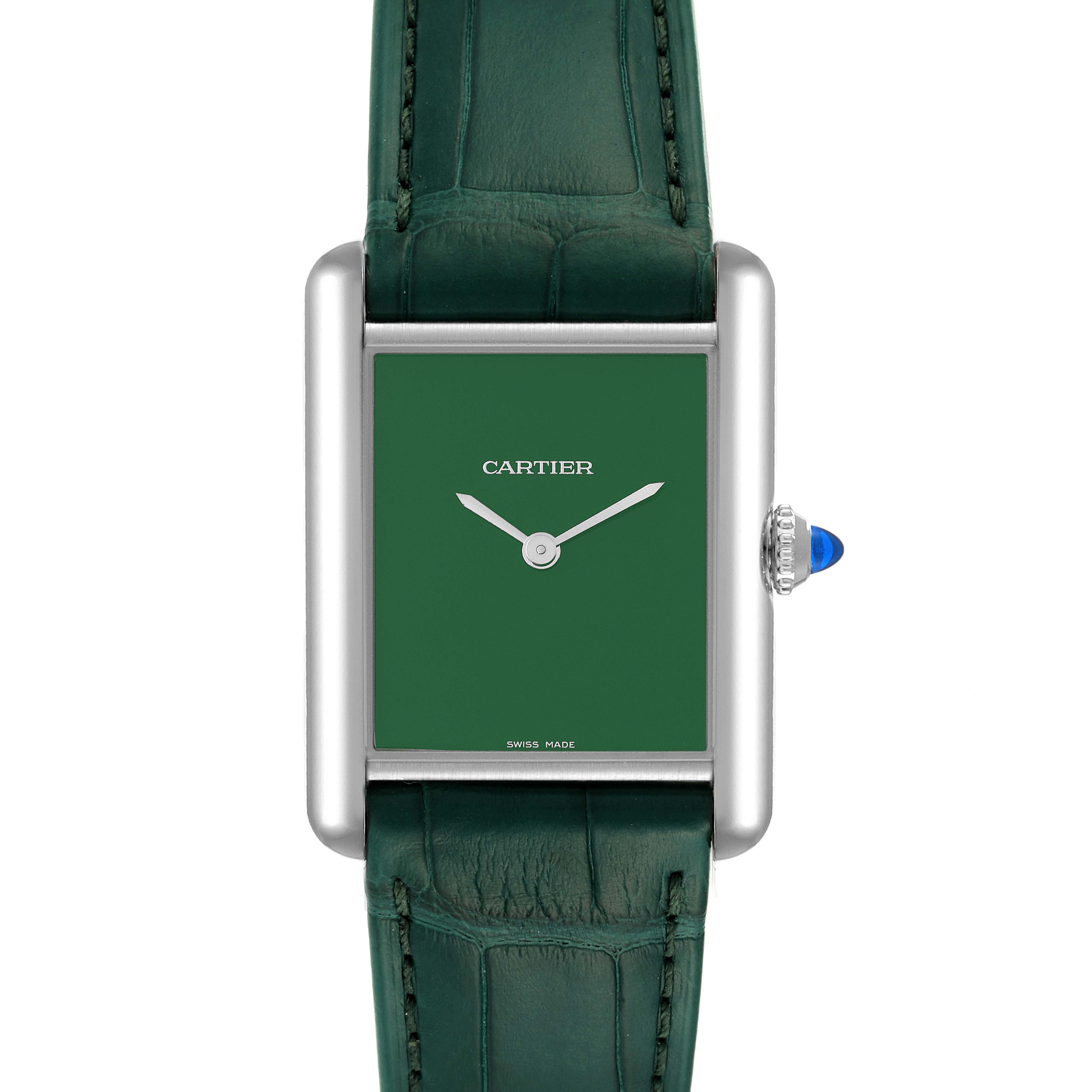 This image shows a Cartier Tank Must WSTA0056 Women's Stainless Steel Green Dial WSTA0056 Women's Stainless Steel Green Dial watch from the front, highlighting its green dial, green leather strap, and the blue cabochon crown.