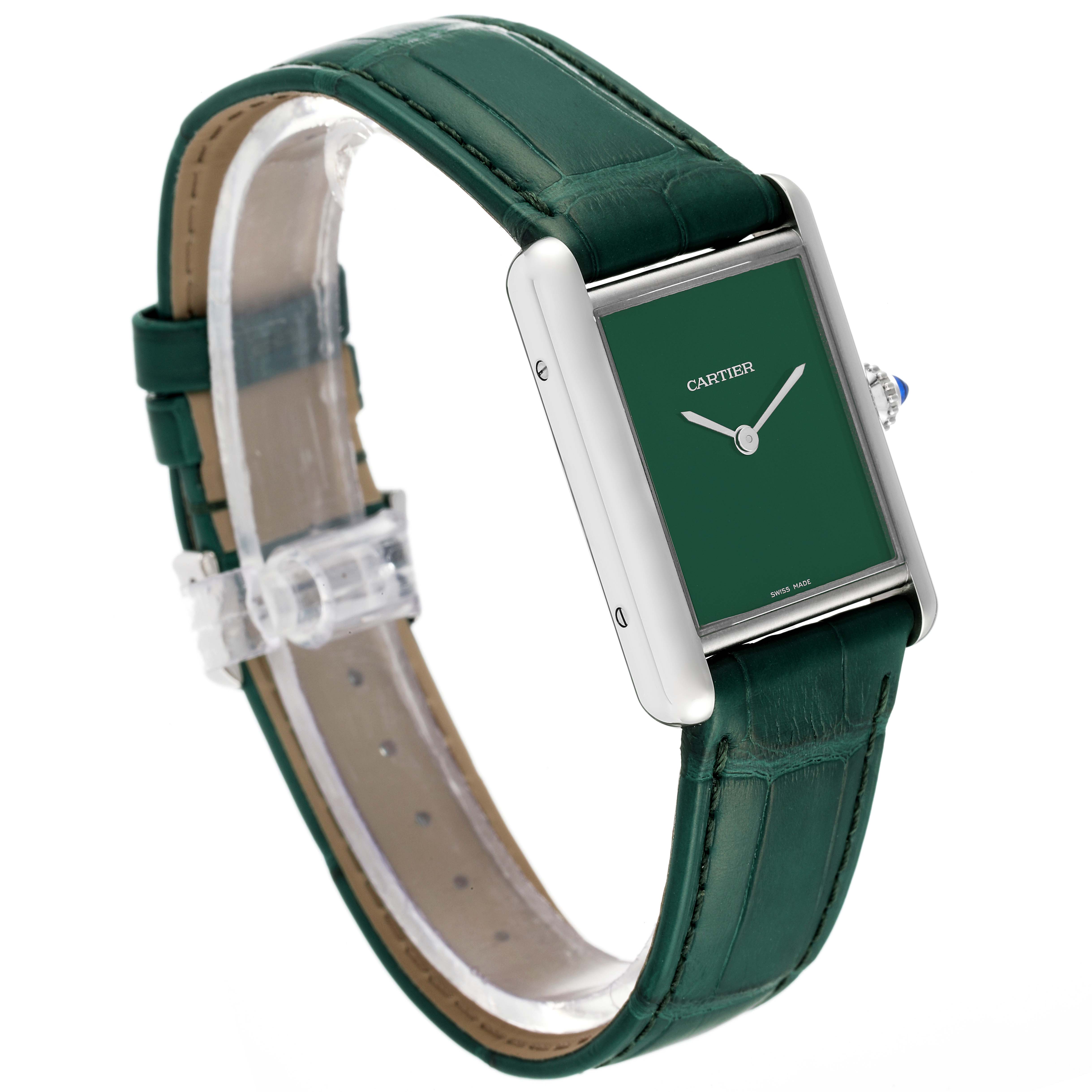This image shows a Cartier Tank Must WSTA0056 Women's Stainless Steel Green Dial WSTA0056 Women's Stainless Steel Green Dial watch with a green dial and matching leather strap at a slight side angle.