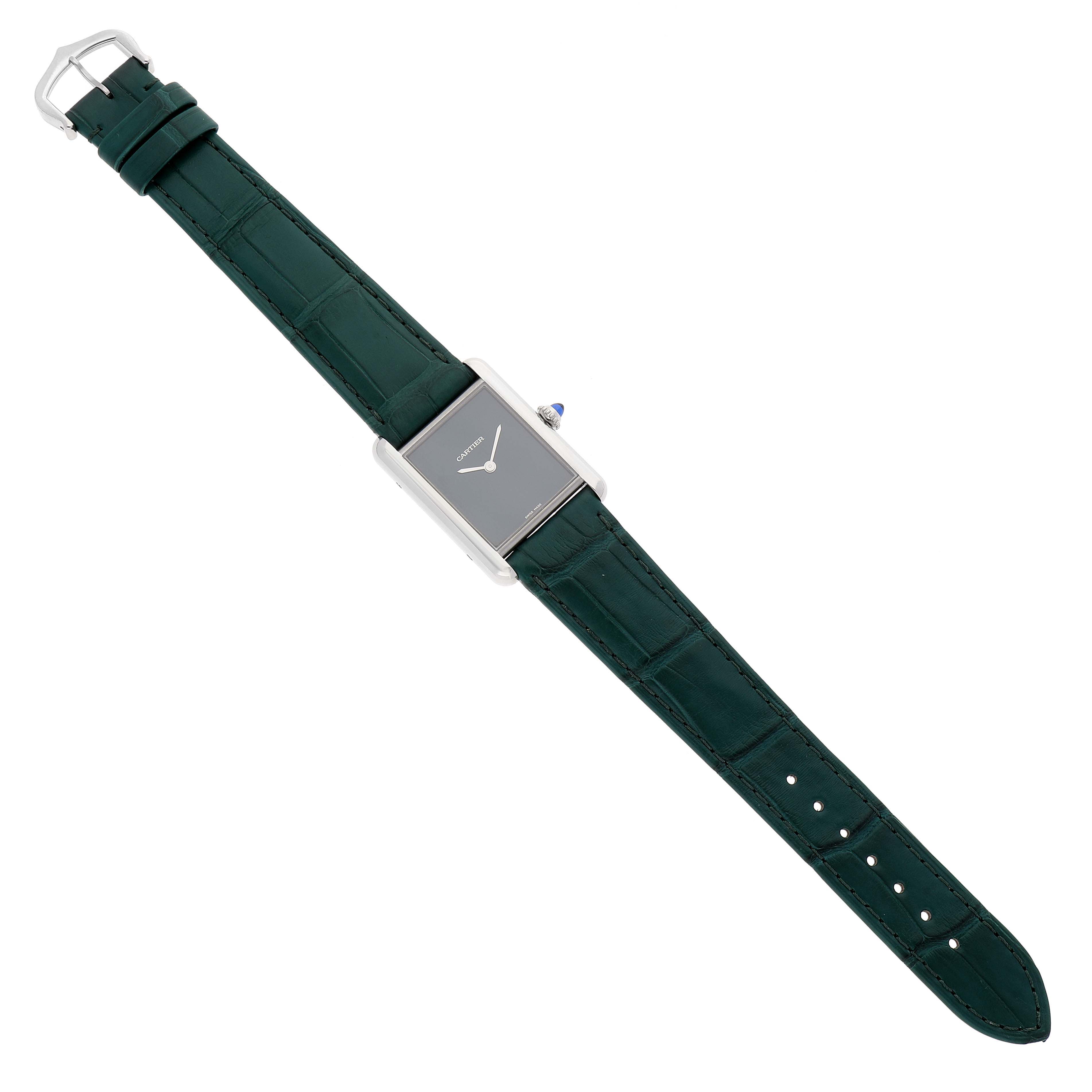 This image shows an overhead view of a Cartier Tank Must WSTA0056 Women's Stainless Steel Green Dial WSTA0056 Women's Stainless Steel Green Dial watch, displaying the green strap and rectangular face.