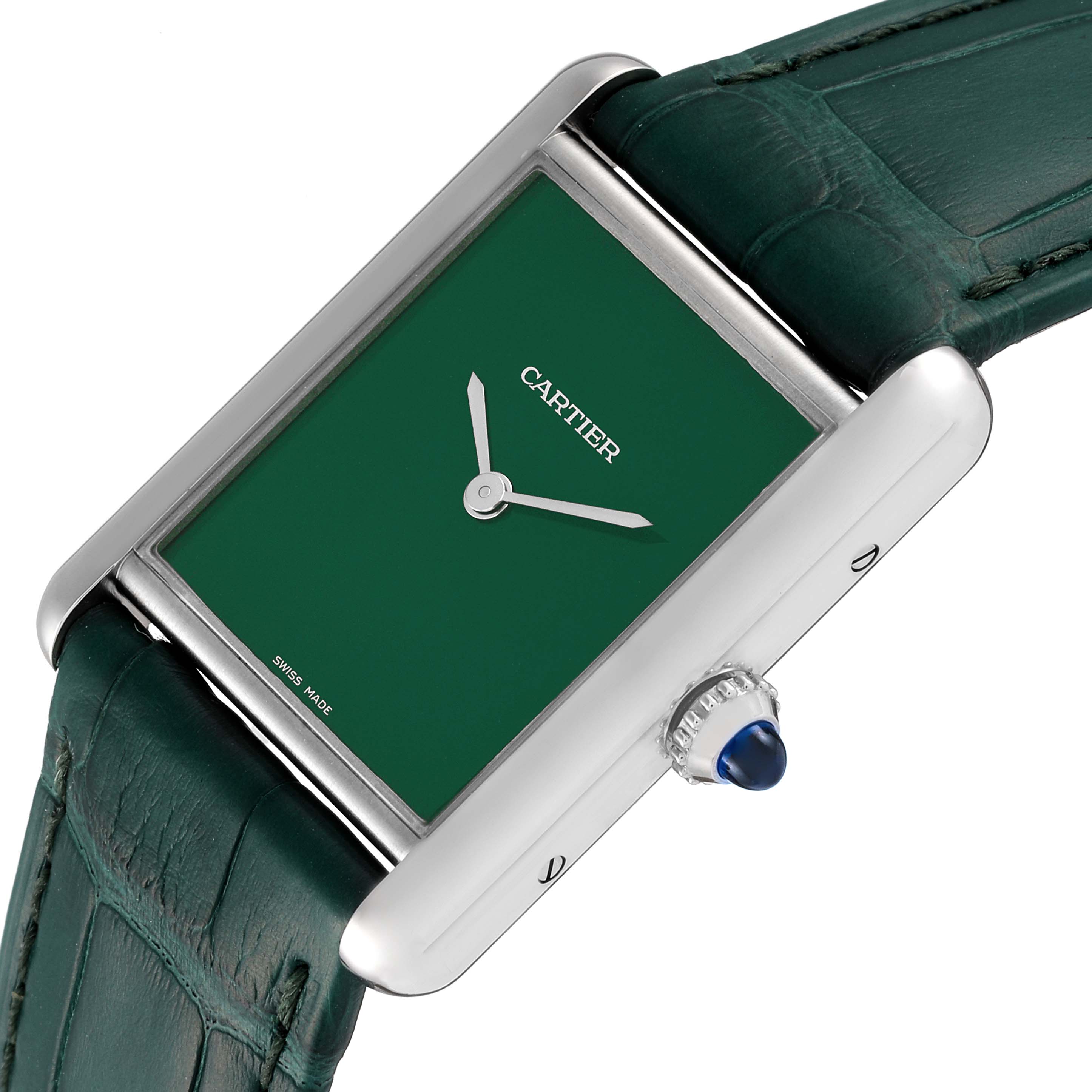 The image shows a Cartier Tank Must WSTA0056 Women's Stainless Steel Green Dial WSTA0056 Women's Stainless Steel Green Dial watch with a green face, angled view, highlighting the crown, case, and leather strap.