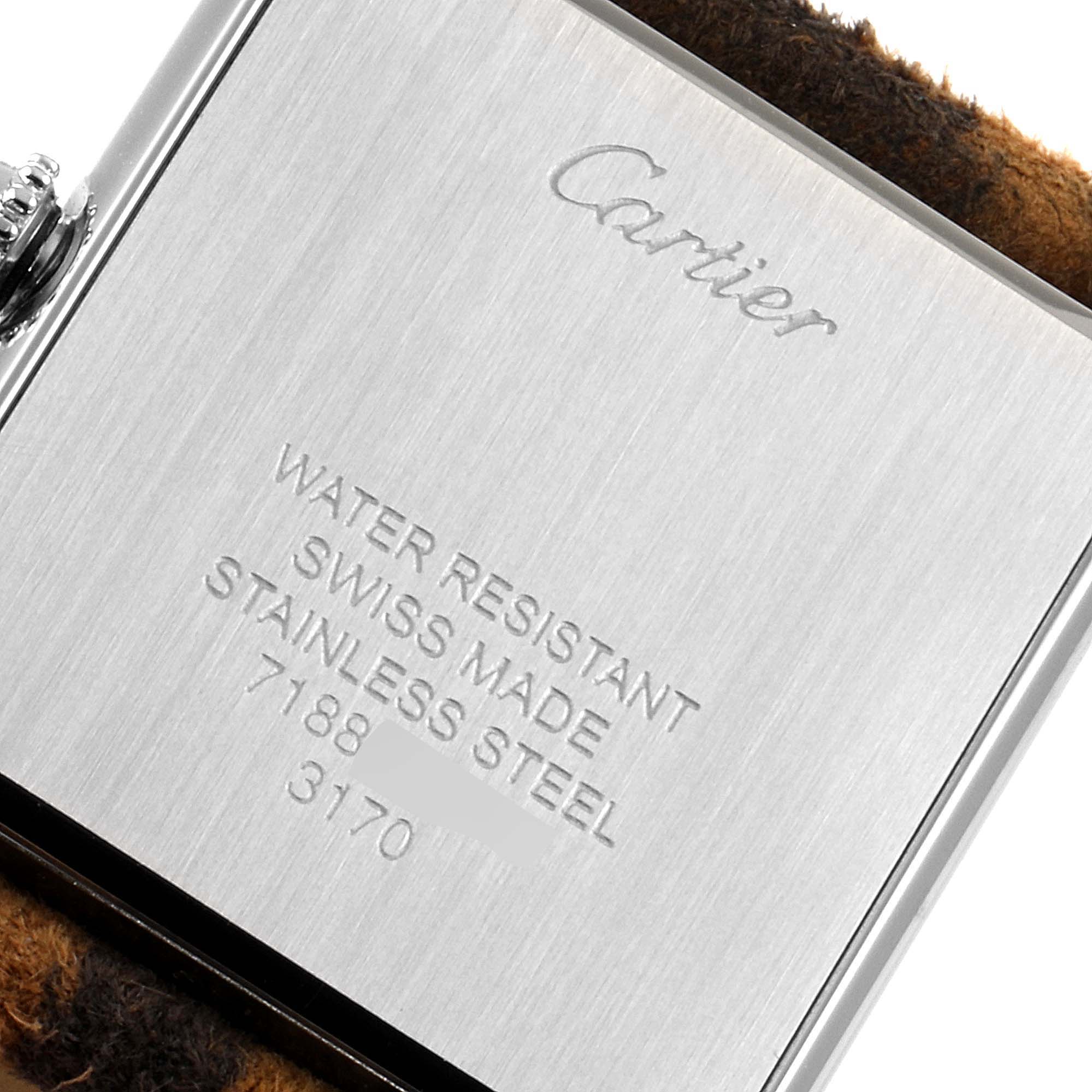 This image shows the back case of a Cartier Tank Solo W5200016 Women's Stainless Steel Silver Dial W5200016 Women's Stainless Steel Silver Dial watch, highlighting the brand engraving and specifications.