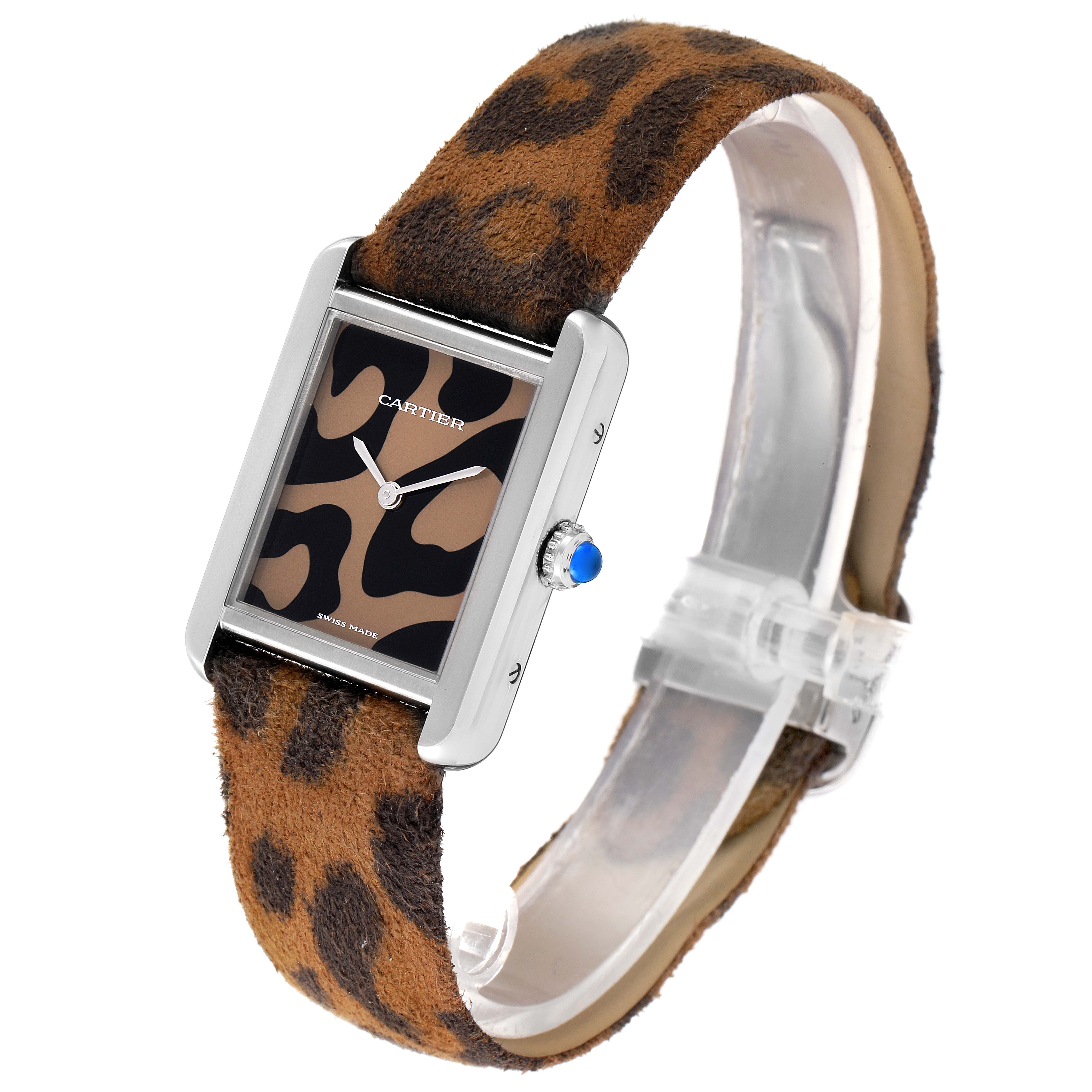 The image shows a Cartier Tank Solo W5200016 Women's Stainless Steel Silver Dial W5200016 Women's Stainless Steel Silver Dial watch at a 3/4 angle, featuring a leopard-print strap and polished case.