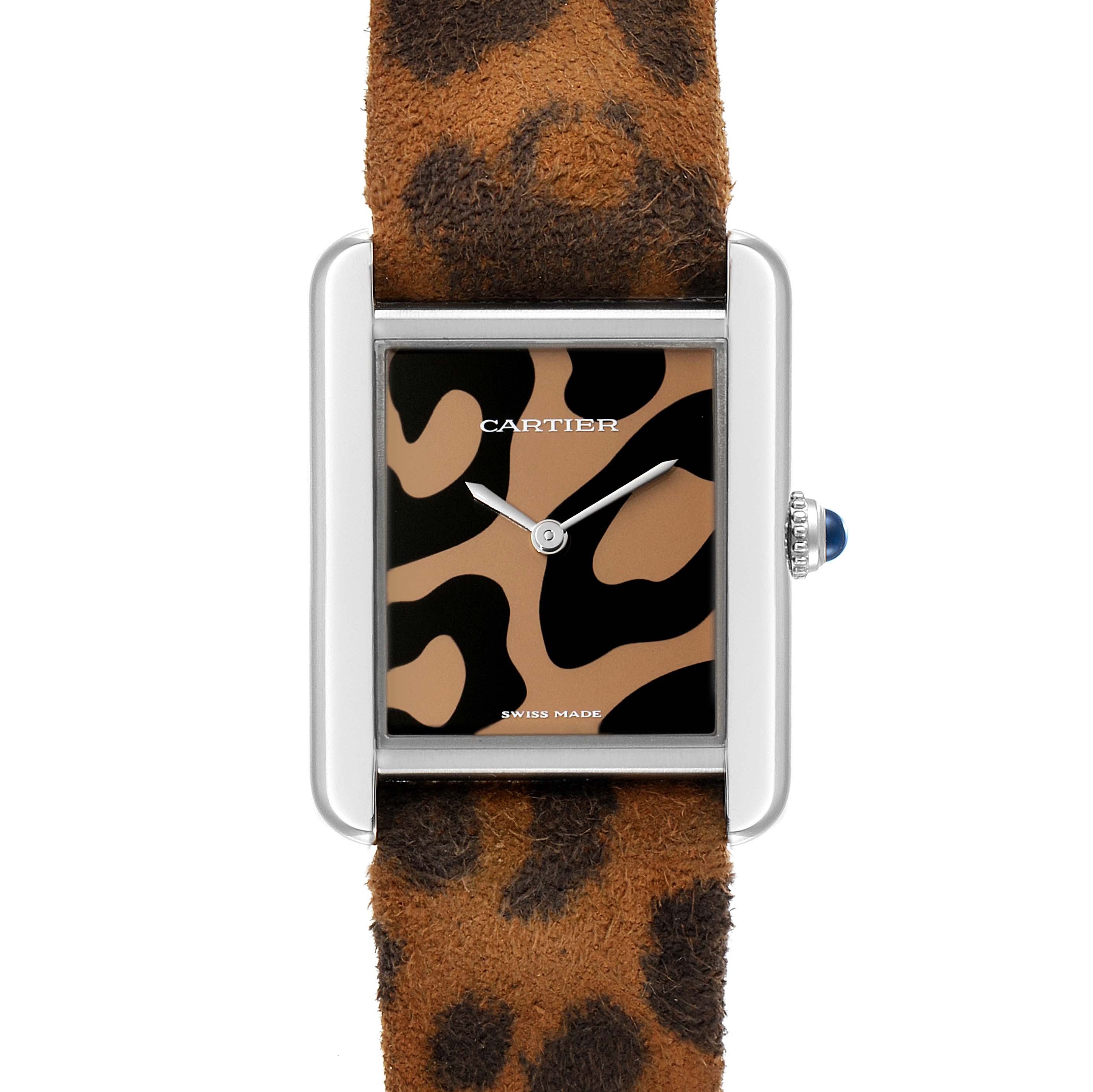 The image shows a front view of a Cartier Tank Solo W5200016 Women's Stainless Steel Silver Dial W5200016 Women's Stainless Steel Silver Dial watch with a rectangular face and leopard print strap.