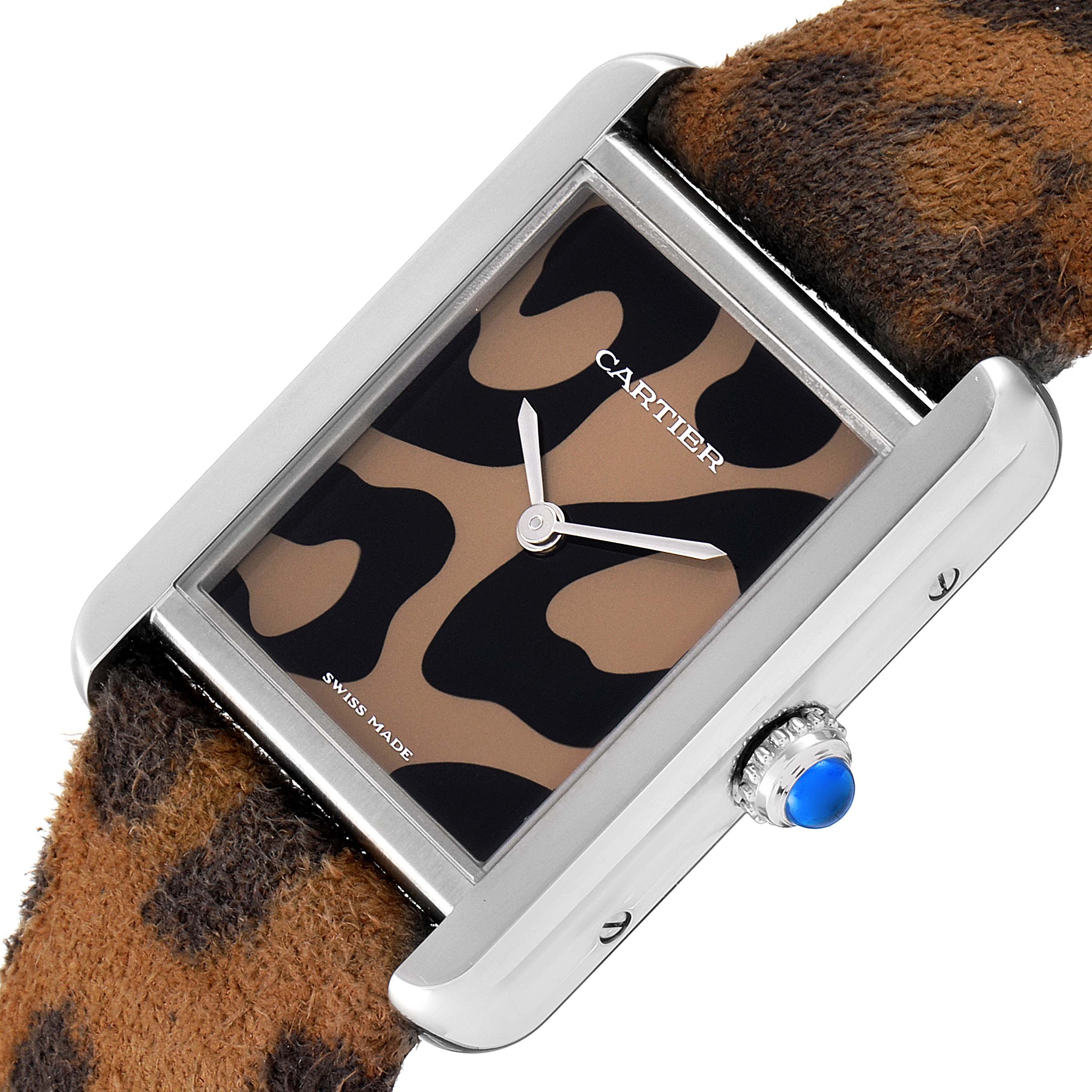 This image shows a Cartier Tank Solo W5200016 Women's Stainless Steel Silver Dial W5200016 Women's Stainless Steel Silver Dial watch at a slight angle, highlighting its face, bezel, crown, and animal-print strap.