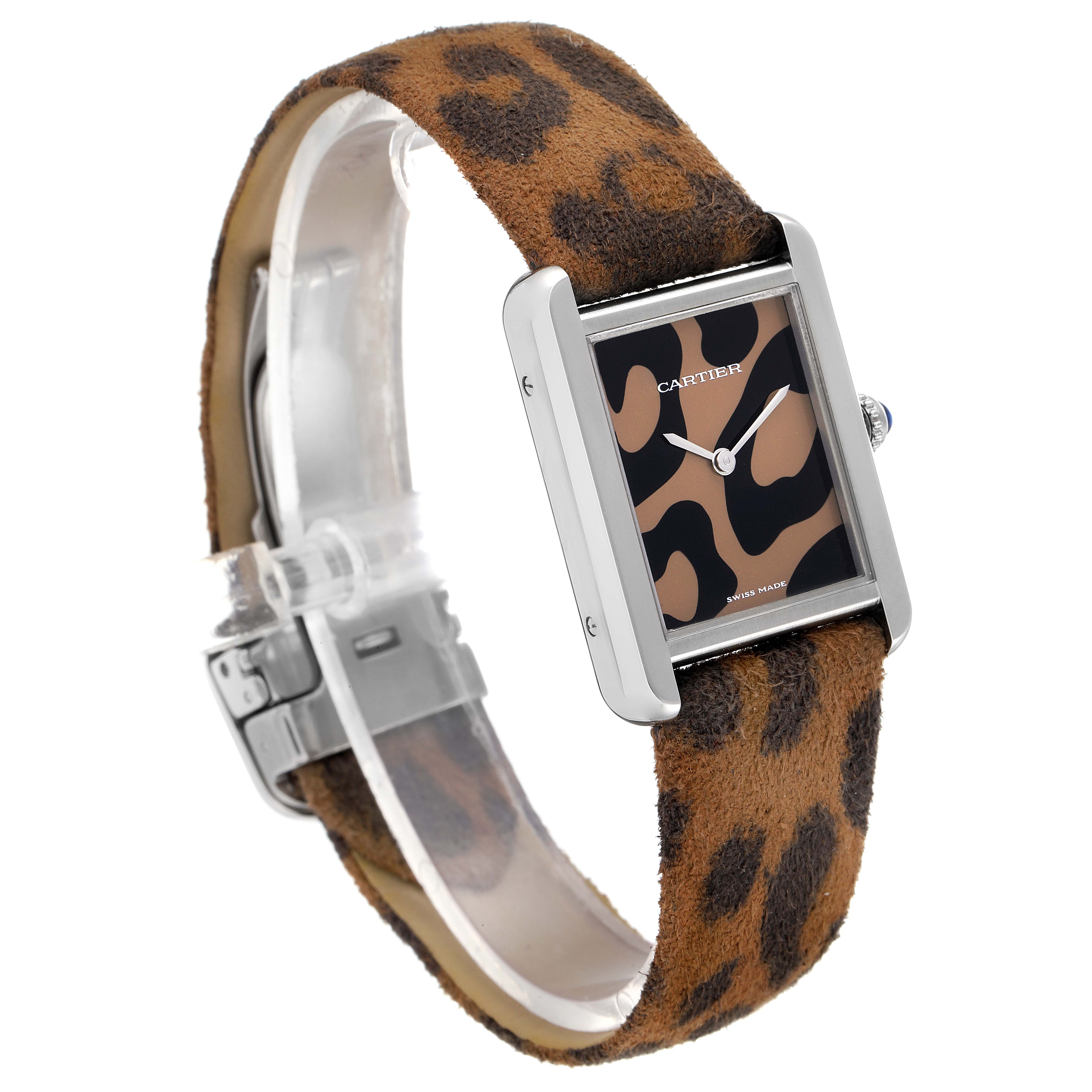 The image shows a Cartier Tank Solo W5200016 Women's Stainless Steel Silver Dial W5200016 Women's Stainless Steel Silver Dial model watch with a patterned strap and a front view of the rectangular dial.