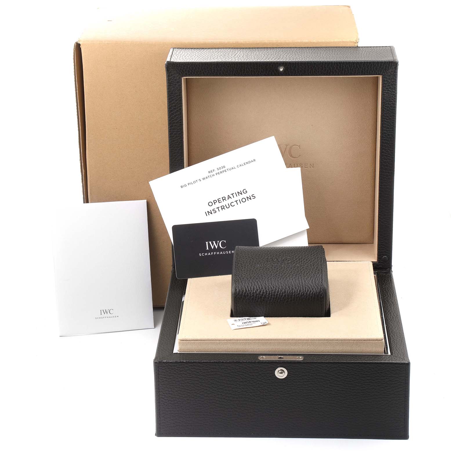 The image shows the packaging, instruction manual, and pillow holder of the IWC Pilot IW503605 Men's Stainless Steel Blue Dial IW503605 Men's Stainless Steel Blue Dial model watch.